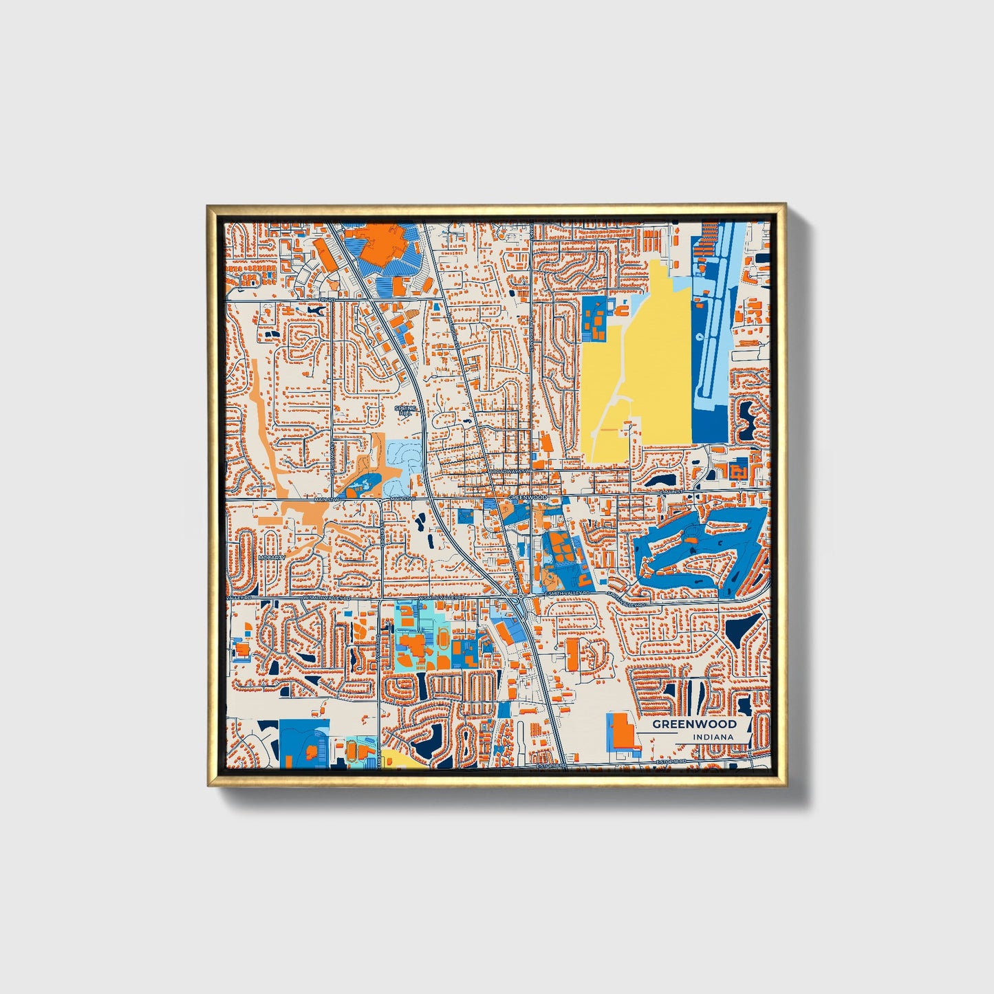 Greenwood Indiana Colorful City Map Canvas Print • Gold Framed