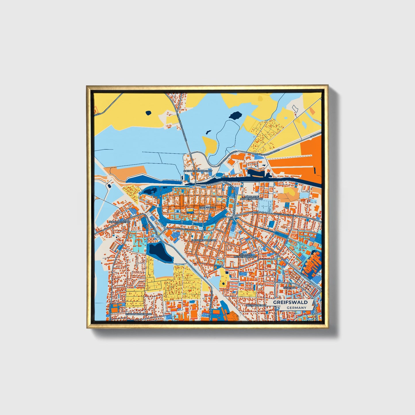 Greifswald Germany Colorful City Map Canvas Print • Gold Framed