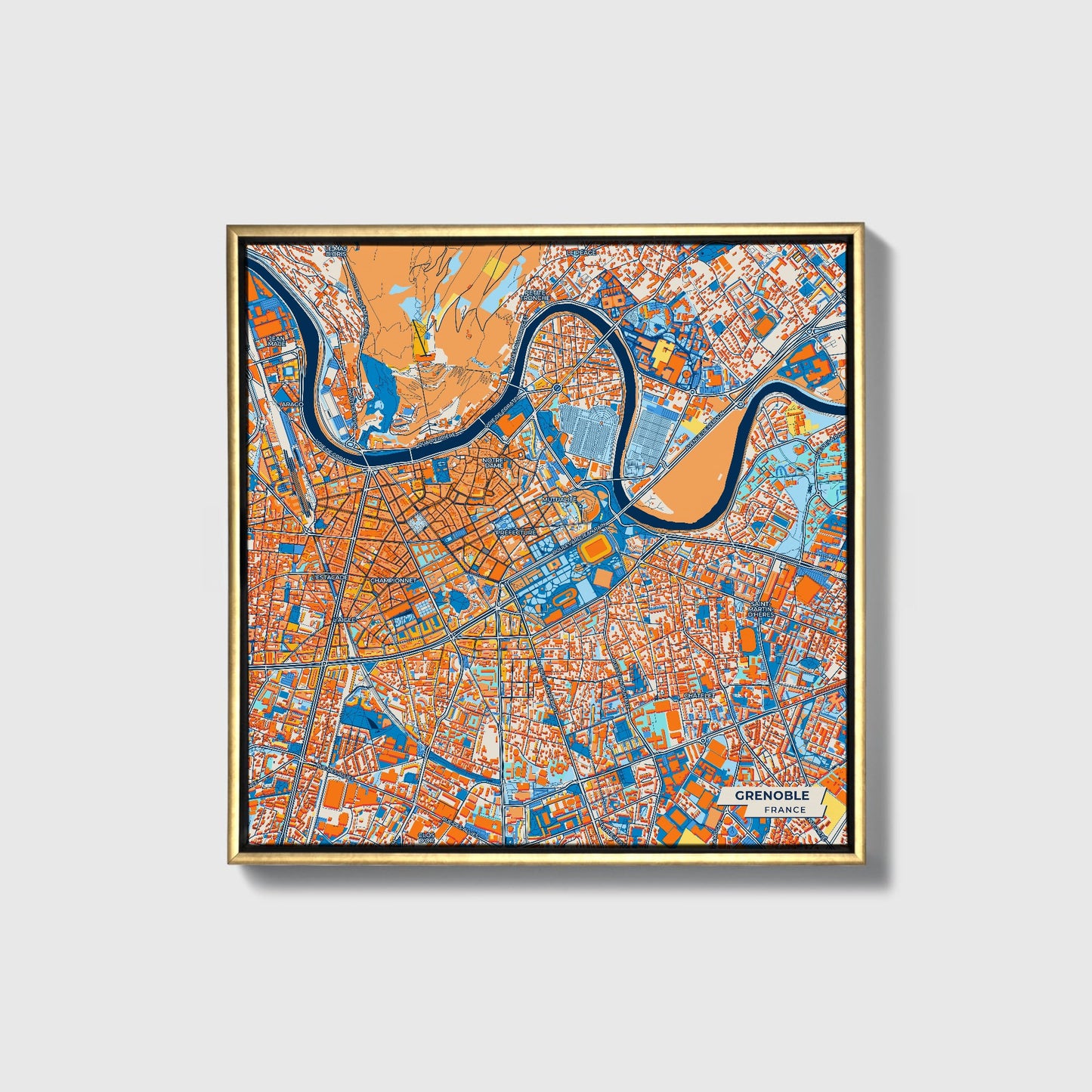 Grenoble France Colorful City Map Canvas Print • Gold Framed