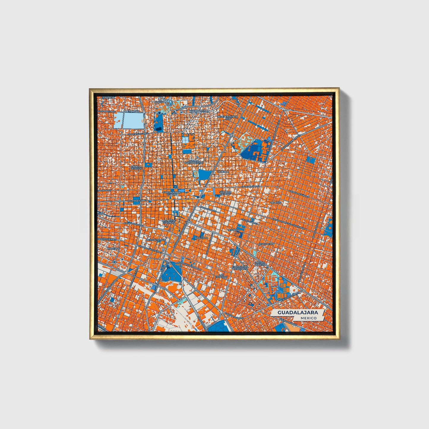 Guadalajara Mexico Colorful City Map Canvas Print • Gold Framed