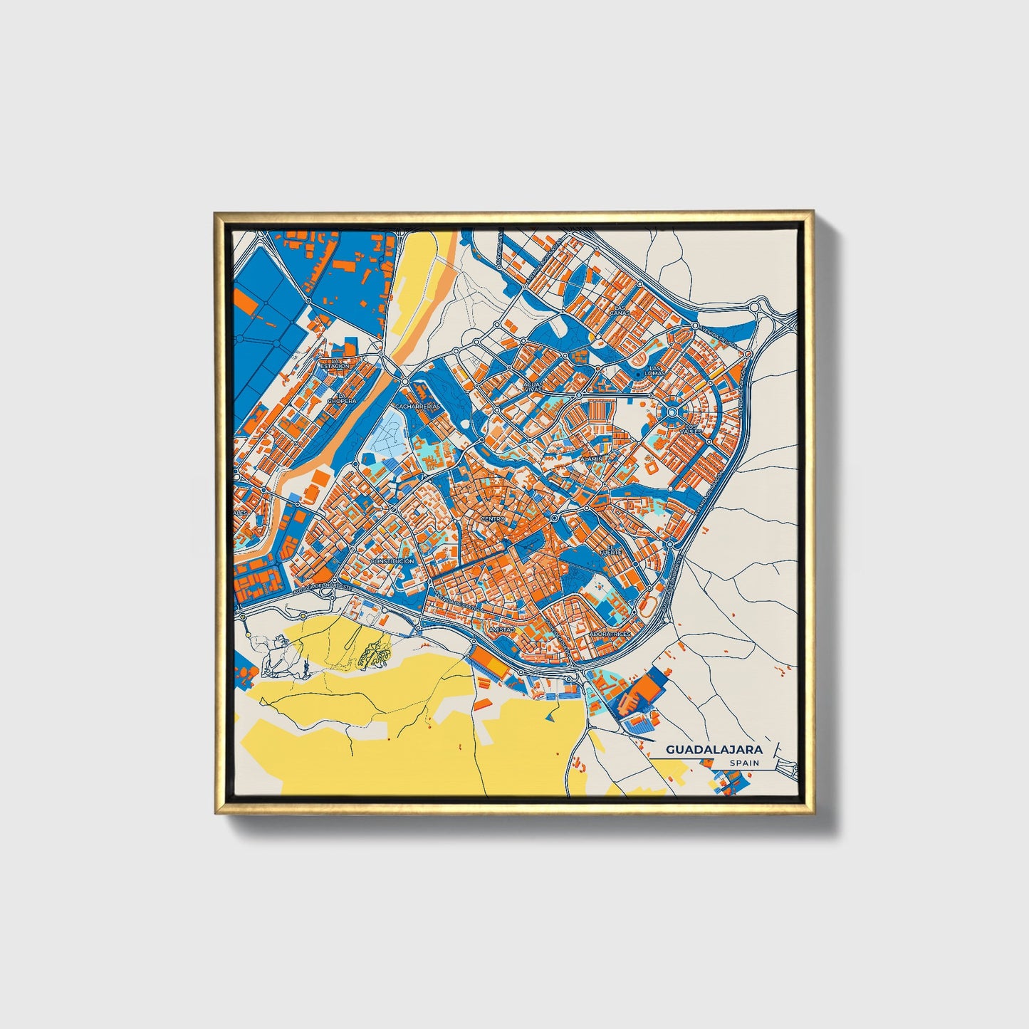 Guadalajara Spain Colorful City Map Canvas Print • Gold Framed