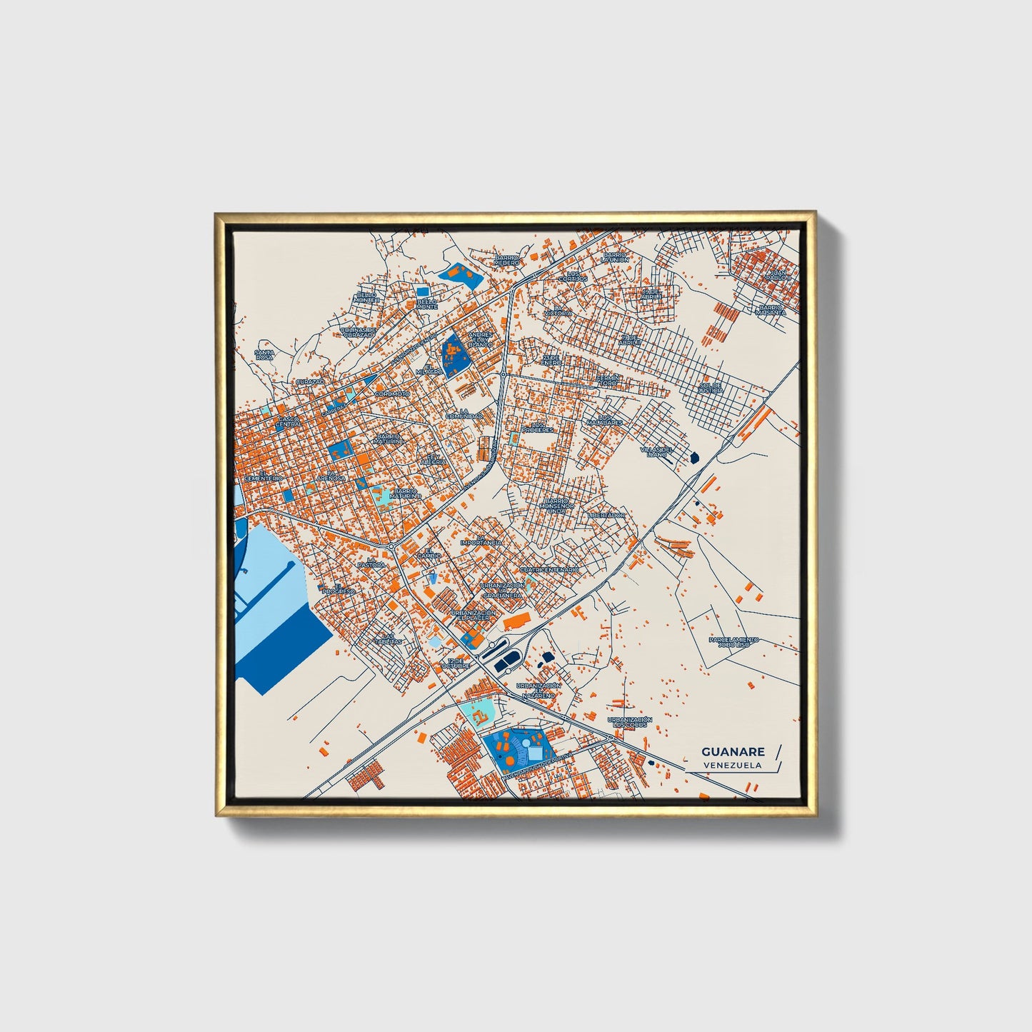 Guanare Venezuela Colorful City Map Canvas Print • Gold Framed