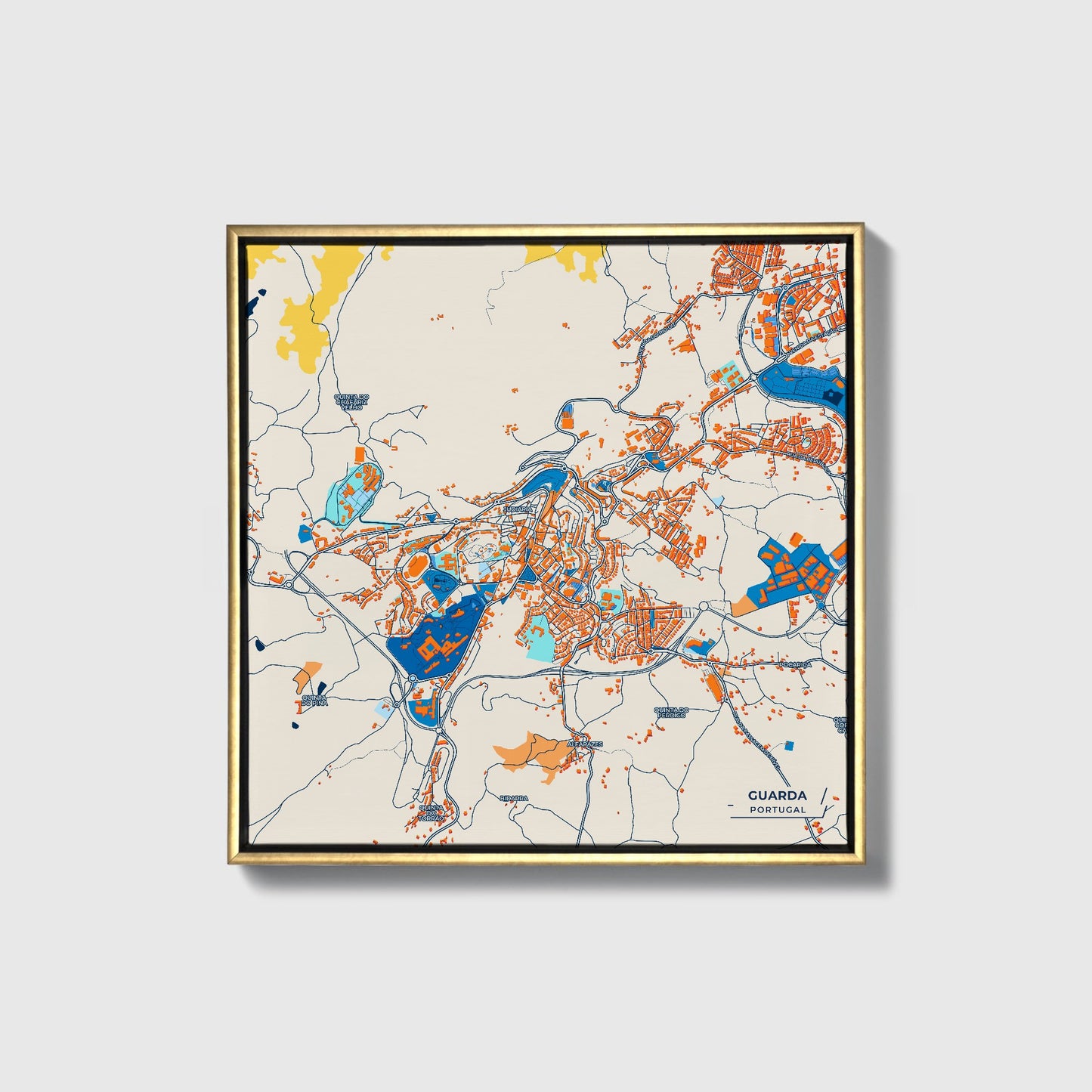 Guarda Portugal Colorful City Map Canvas Print • Gold Framed