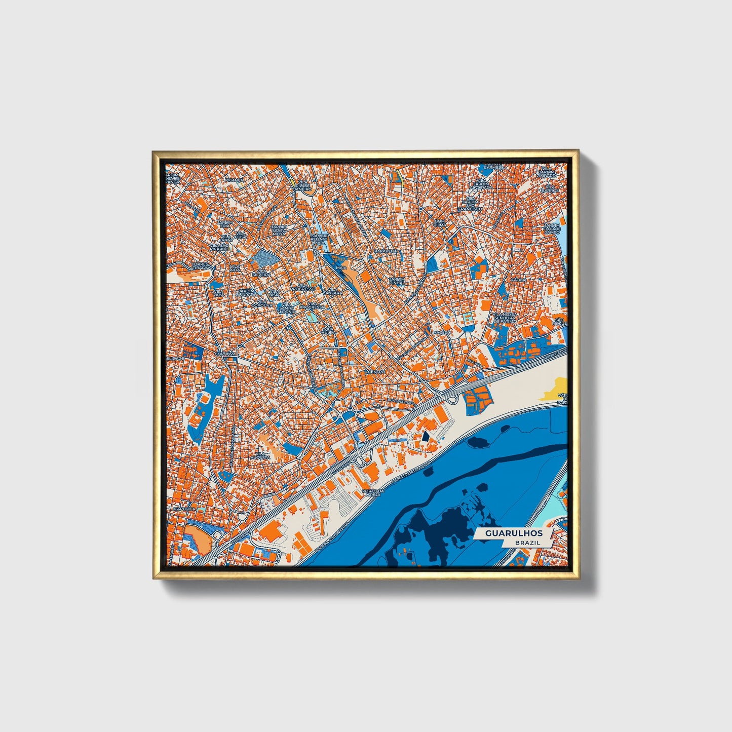 Guarulhos Brazil Colorful City Map Canvas Print • Gold Framed