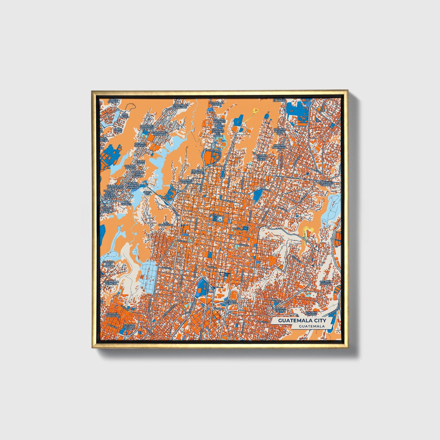 Guatemala City Guatemala Colorful City Map Canvas Print • Gold Framed