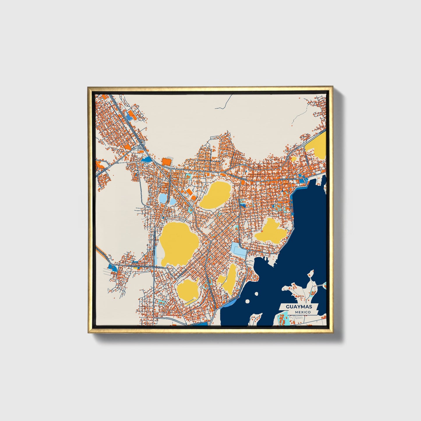 Guaymas Mexico Colorful City Map Canvas Print • Gold Framed