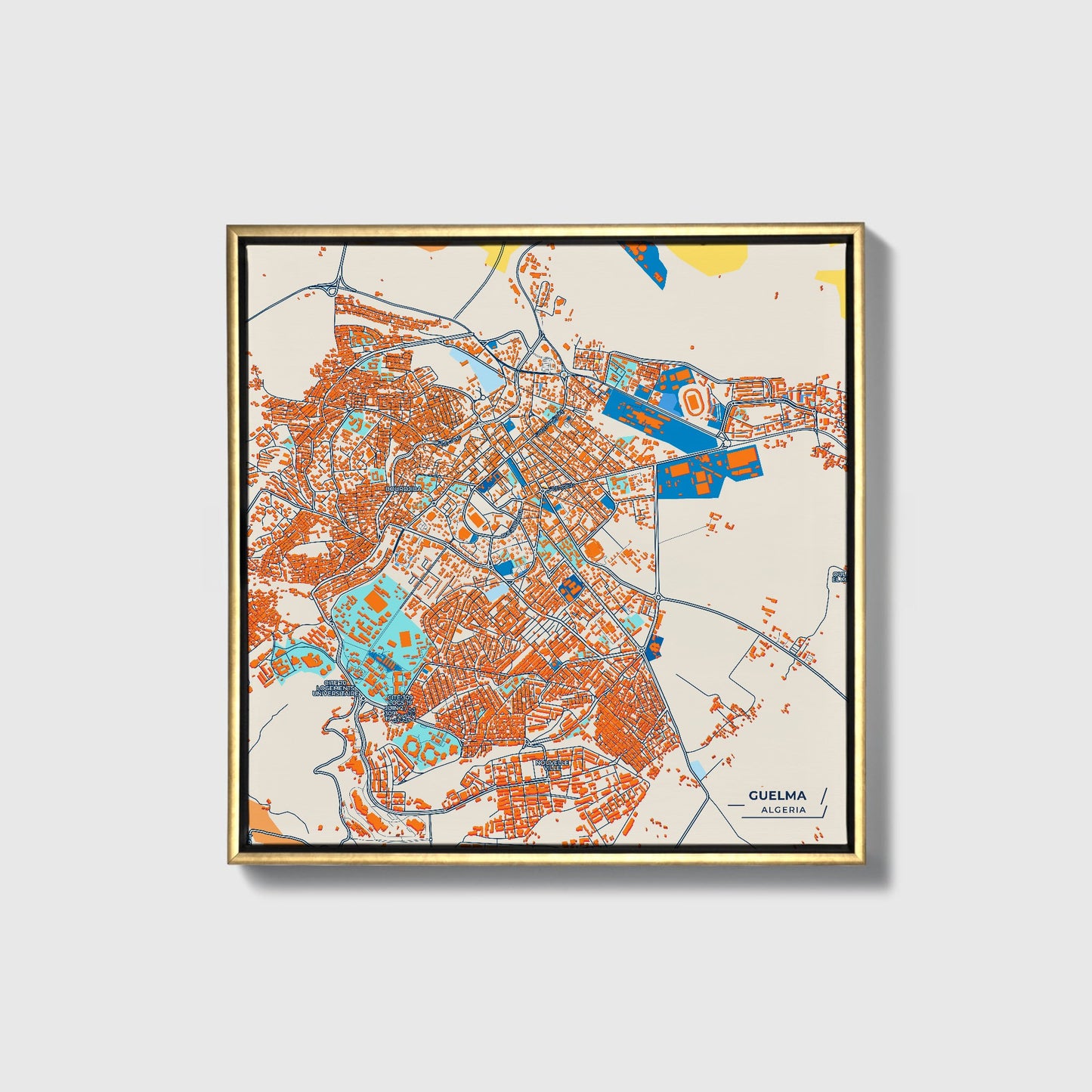 Guelma Algeria Colorful City Map Canvas Print • Gold Framed