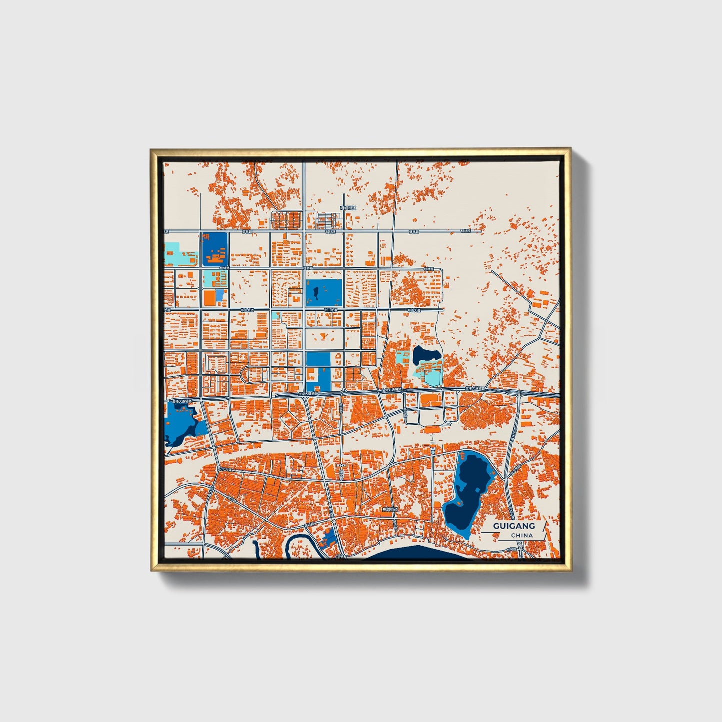 Guigang China Colorful City Map Canvas Print • Gold Framed