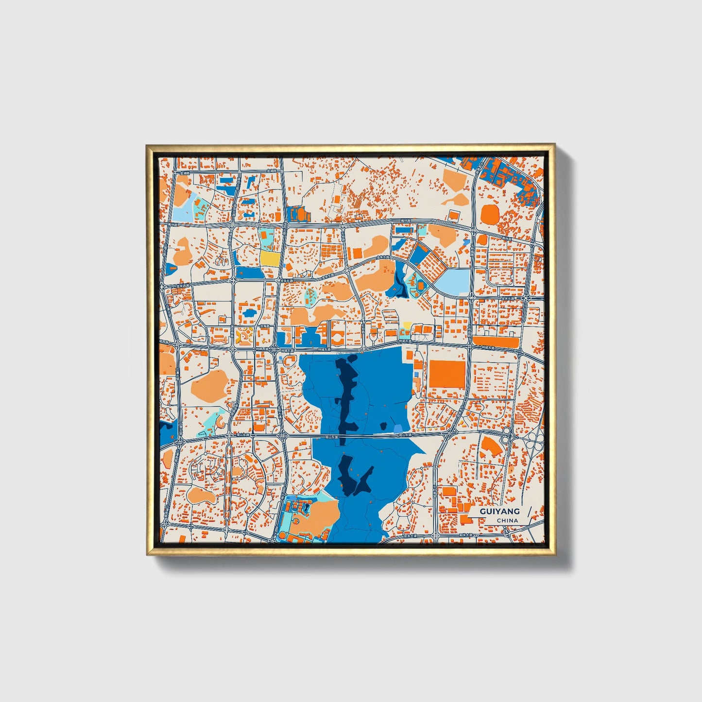 Guiyang China Colorful City Map Canvas Print • Gold Framed