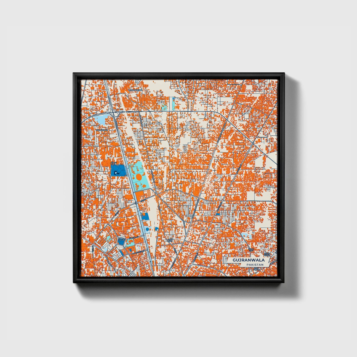 Gujranwala Pakistan Colorful City Map Canvas Print • Black Framed