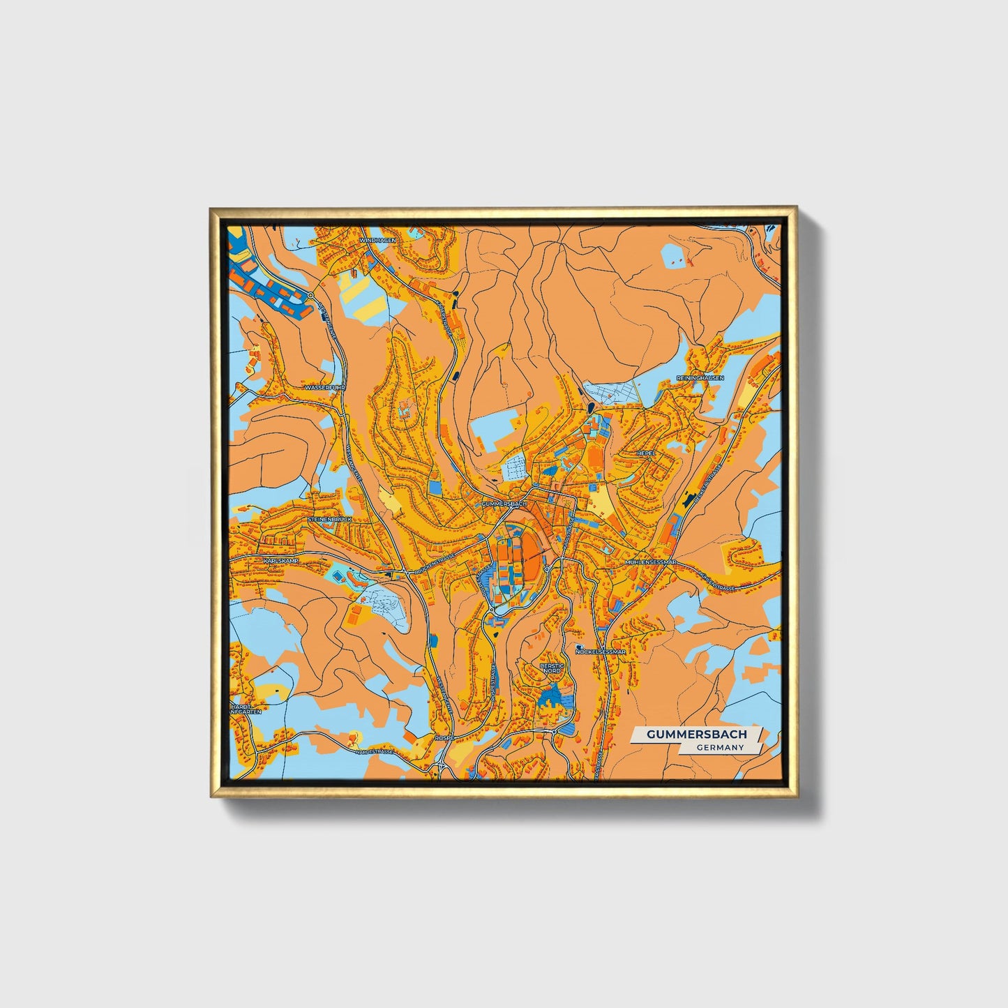 Gummersbach Germany Colorful City Map Canvas Print • Gold Framed