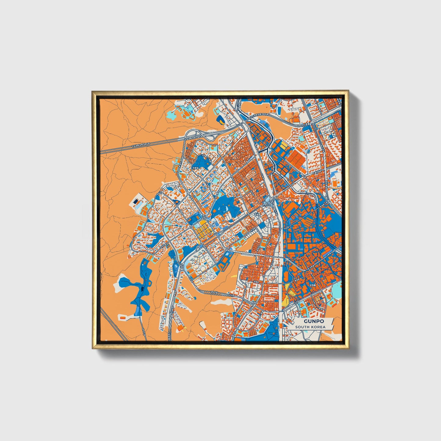 Gunpo South Korea Colorful City Map Canvas Print • Gold Framed