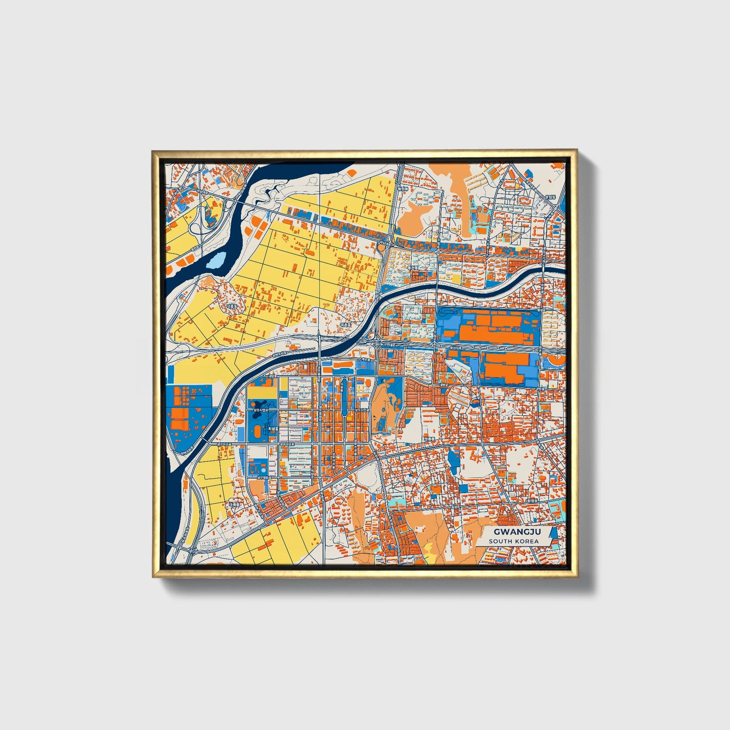 Gwangju South Korea Colorful City Map Canvas Print • Gold Framed