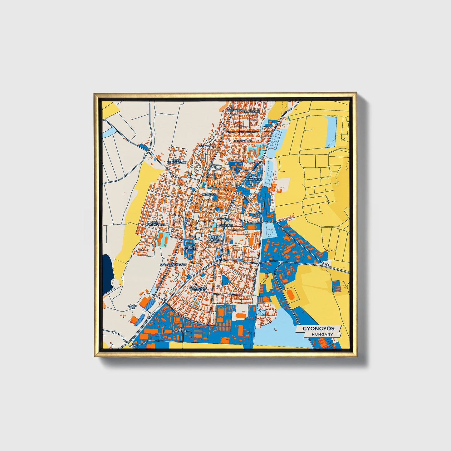 Gyöngyös Hungary Colorful City Map Canvas Print • Gold Framed