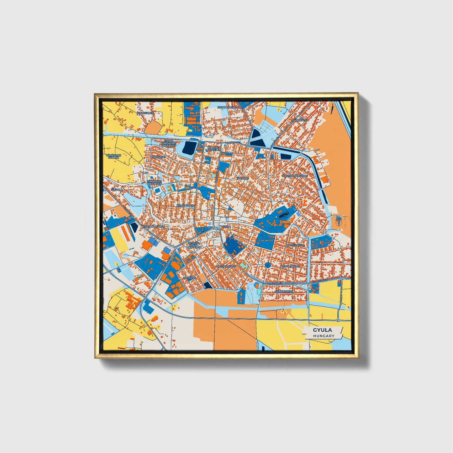 Gyula Hungary Colorful City Map Canvas Print • Gold Framed