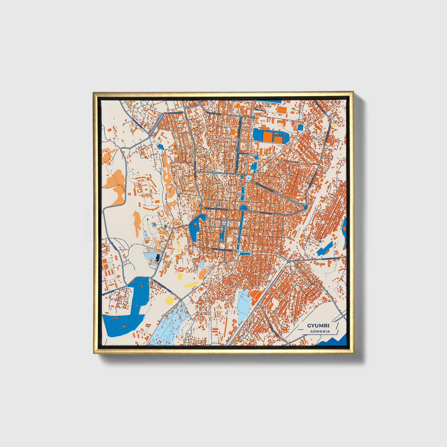 Gyumri Armenia Colorful City Map Canvas Print • Gold Framed