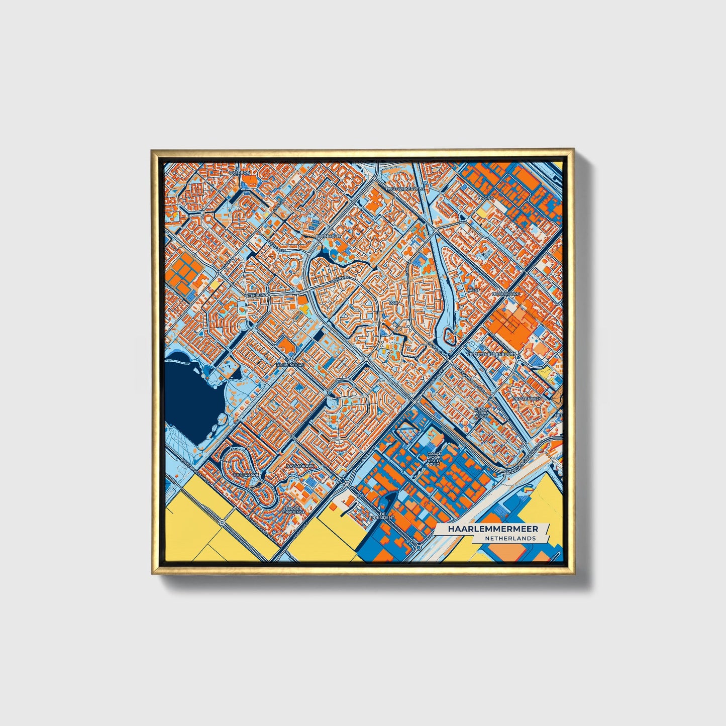 Haarlemmermeer Netherlands Colorful City Map Canvas Print • Gold Framed