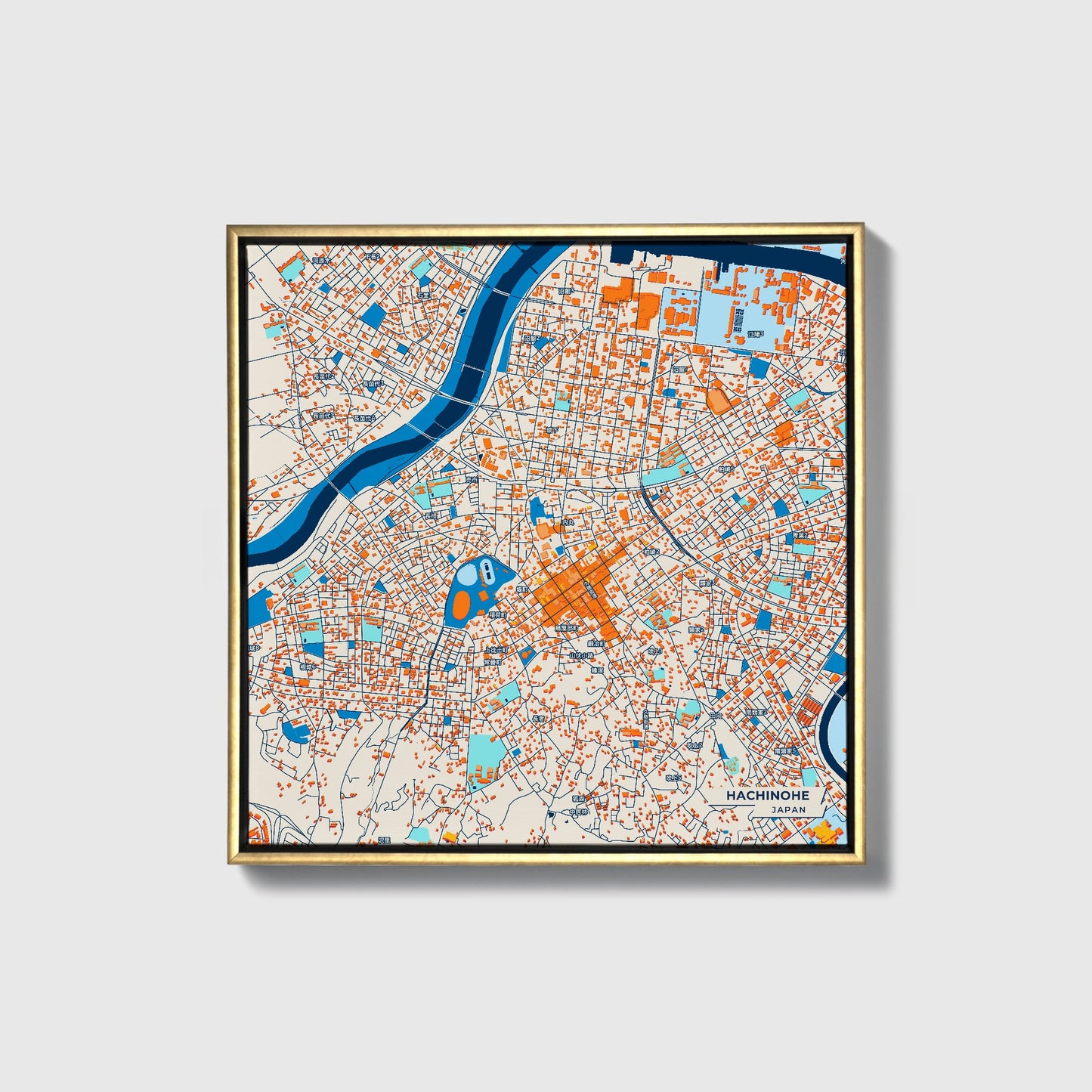 Hachinohe Japan Colorful City Map Canvas Print • Gold Framed
