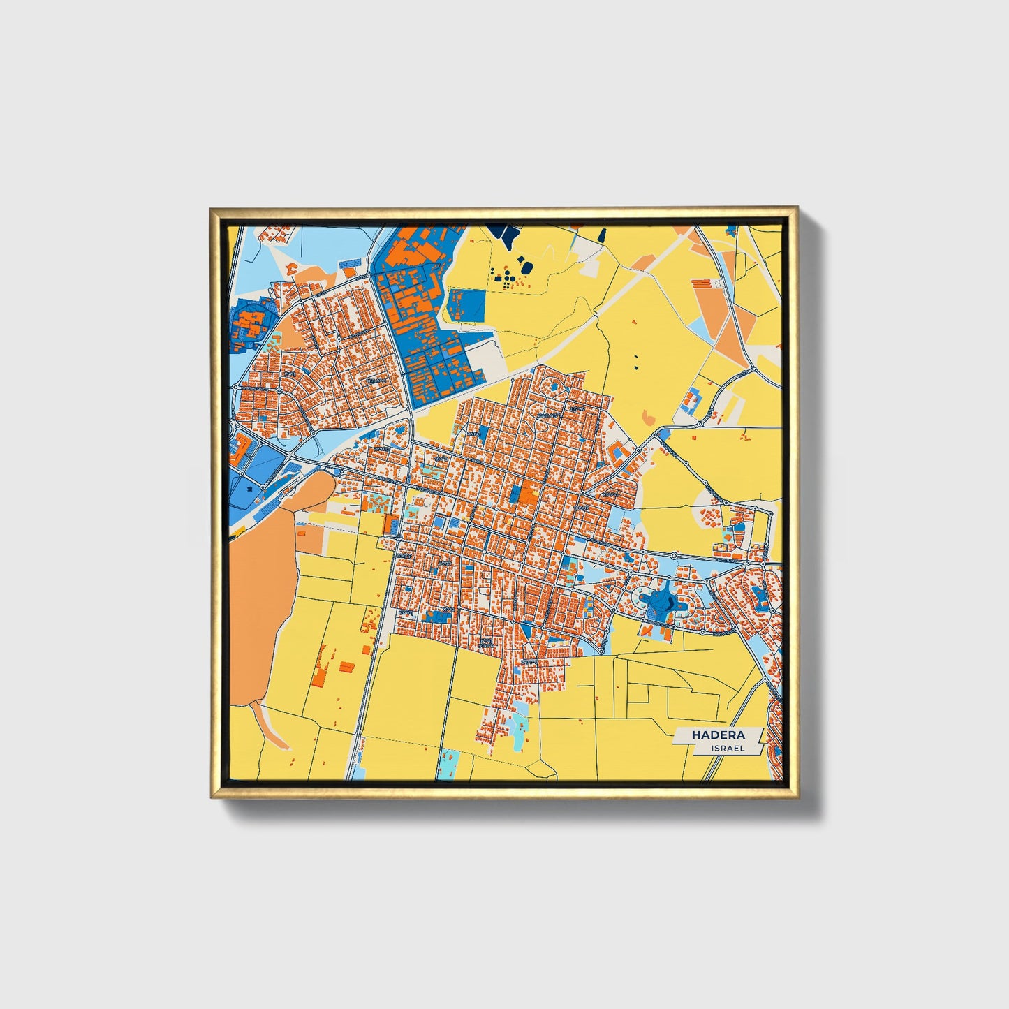 Hadera Israel Colorful City Map Canvas Print • Gold Framed