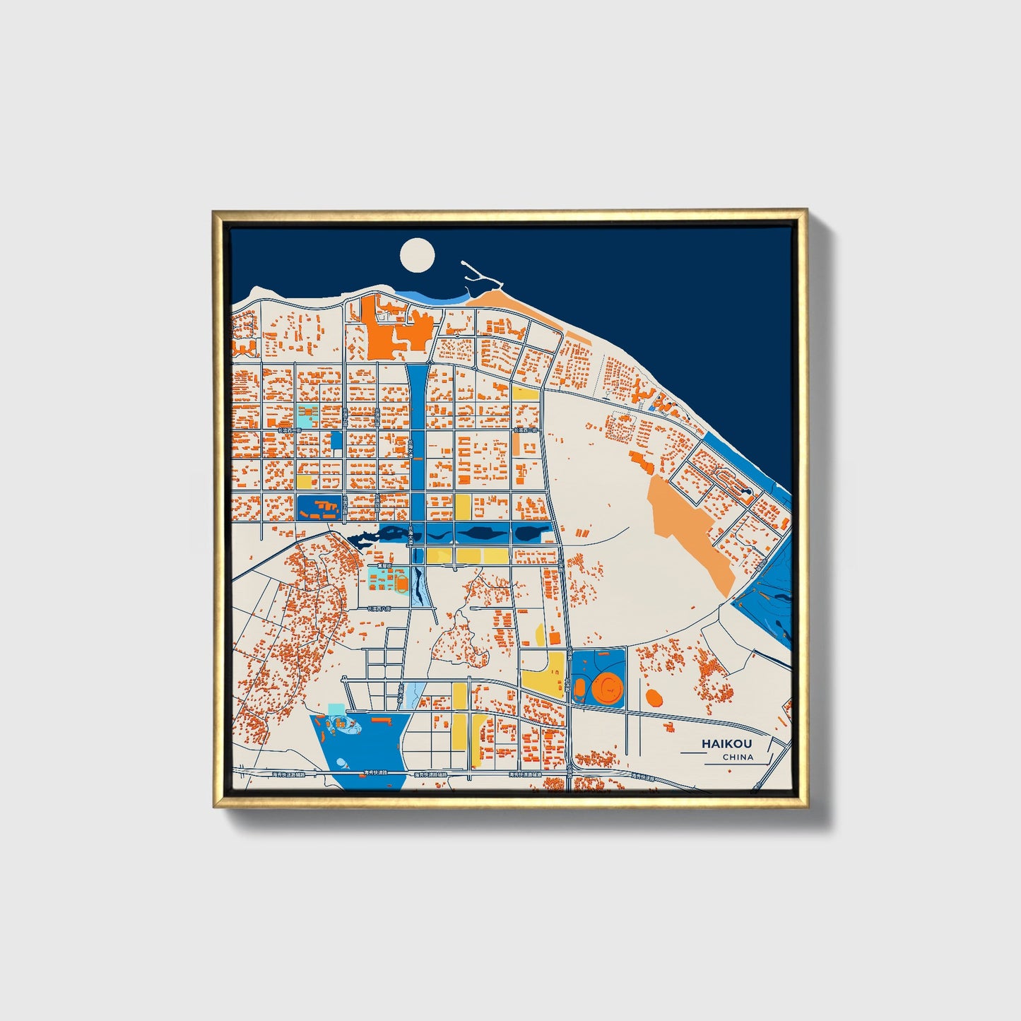 Haikou China Colorful City Map Canvas Print • Gold Framed