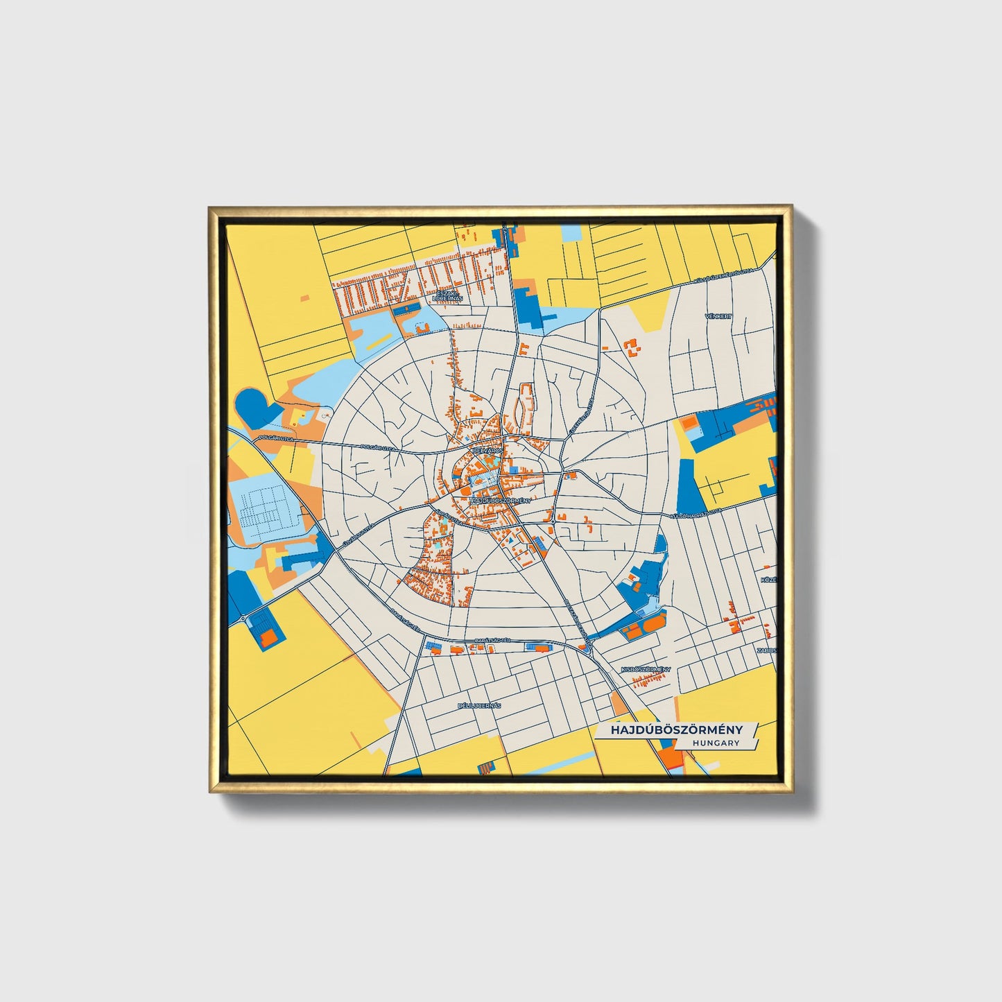 Hajdúböszörmény Hungary Colorful City Map Canvas Print • Gold Framed