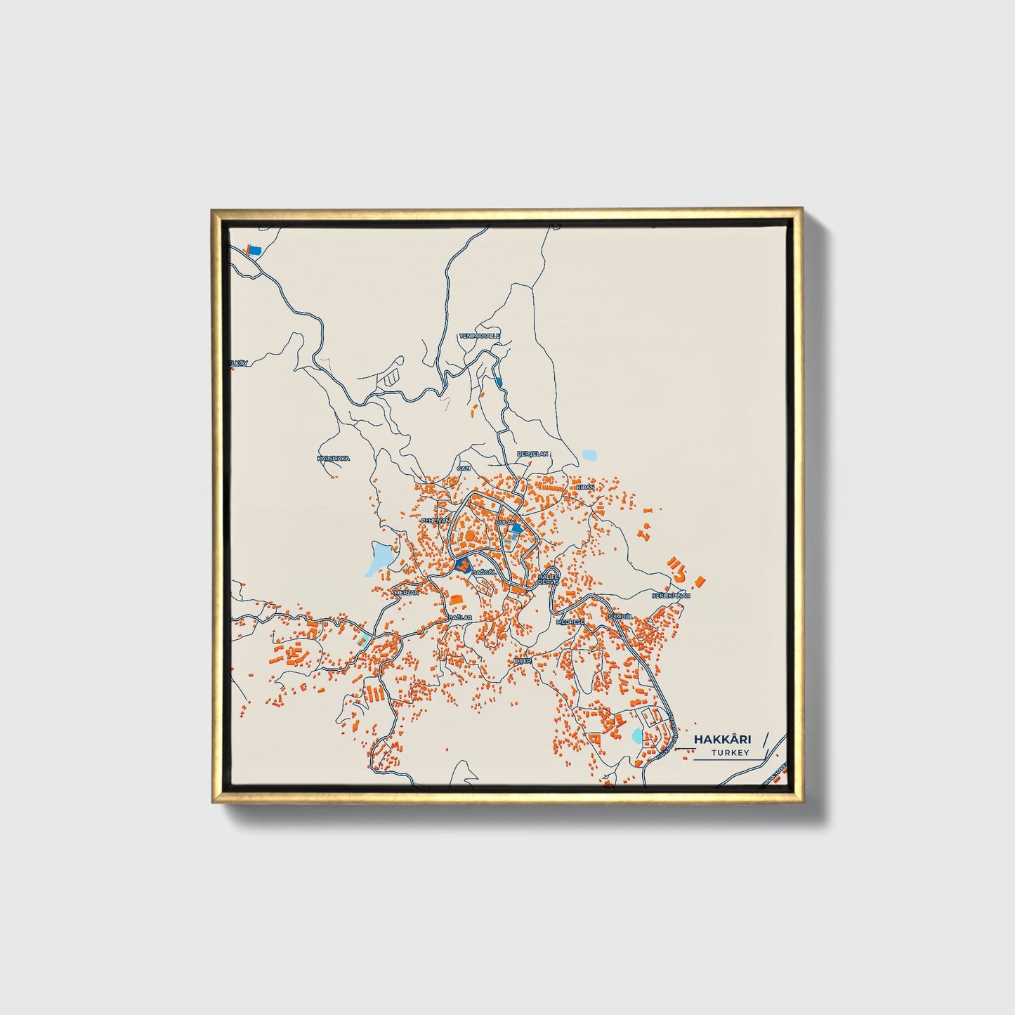 Hakkari Turkey Colorful City Map Canvas Print • Gold Framed