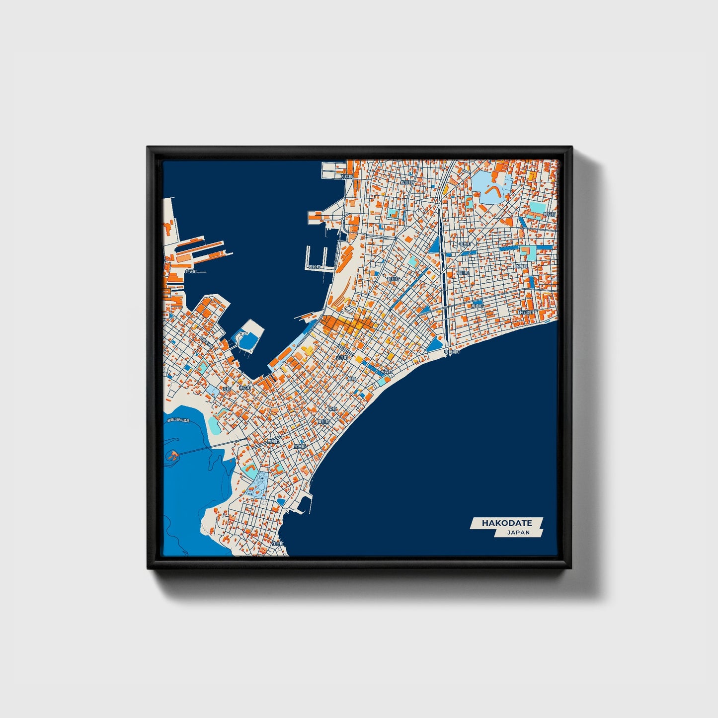 Hakodate Japan Colorful City Map Canvas Print • Black Framed