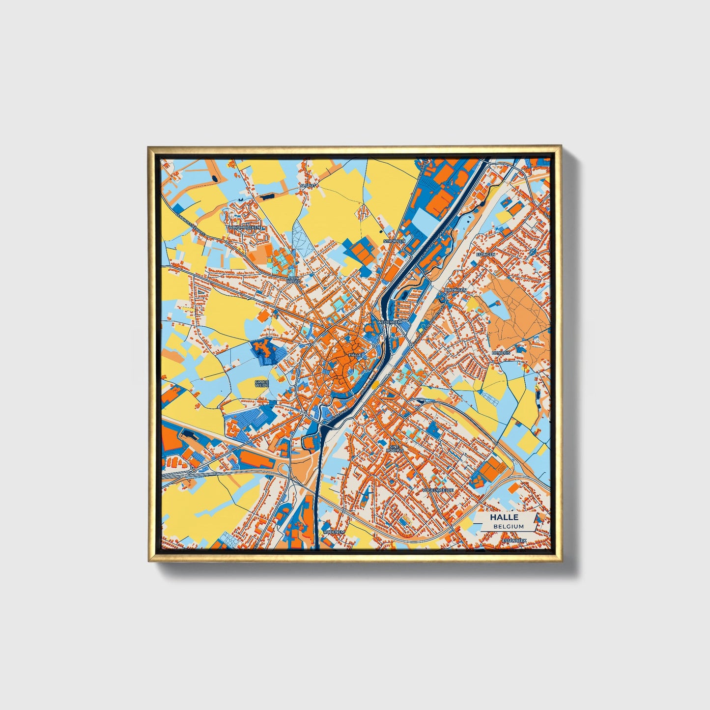 Halle Belgium Colorful City Map Canvas Print • Gold Framed