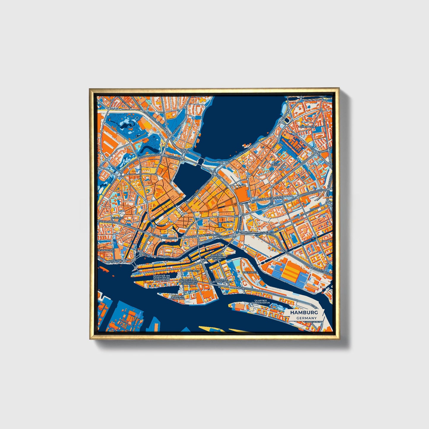Hamburg Germany Colorful City Map Canvas Print • Gold Framed