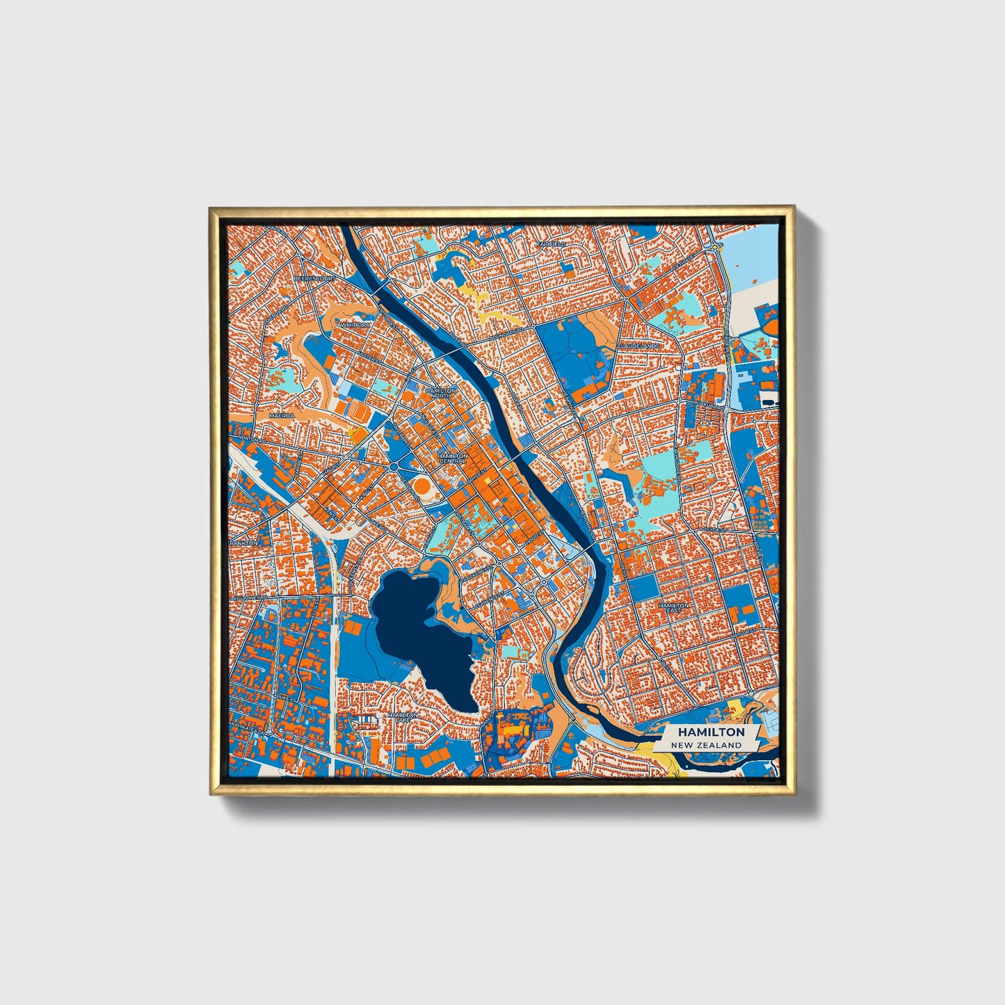 Hamilton New Zealand Colorful City Map Canvas Print • Gold Framed