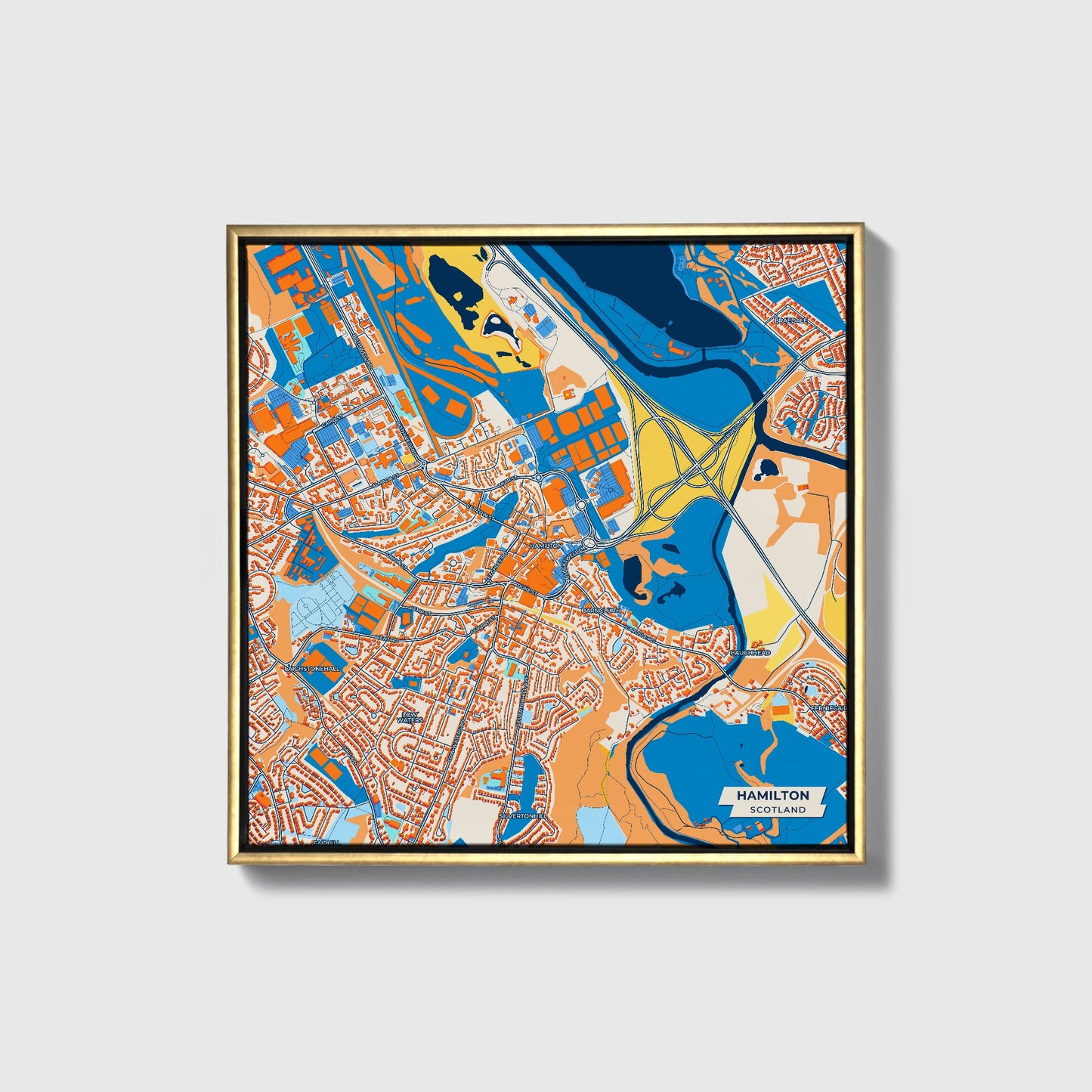 Hamilton Scotland Colorful City Map Canvas Print • Gold Framed