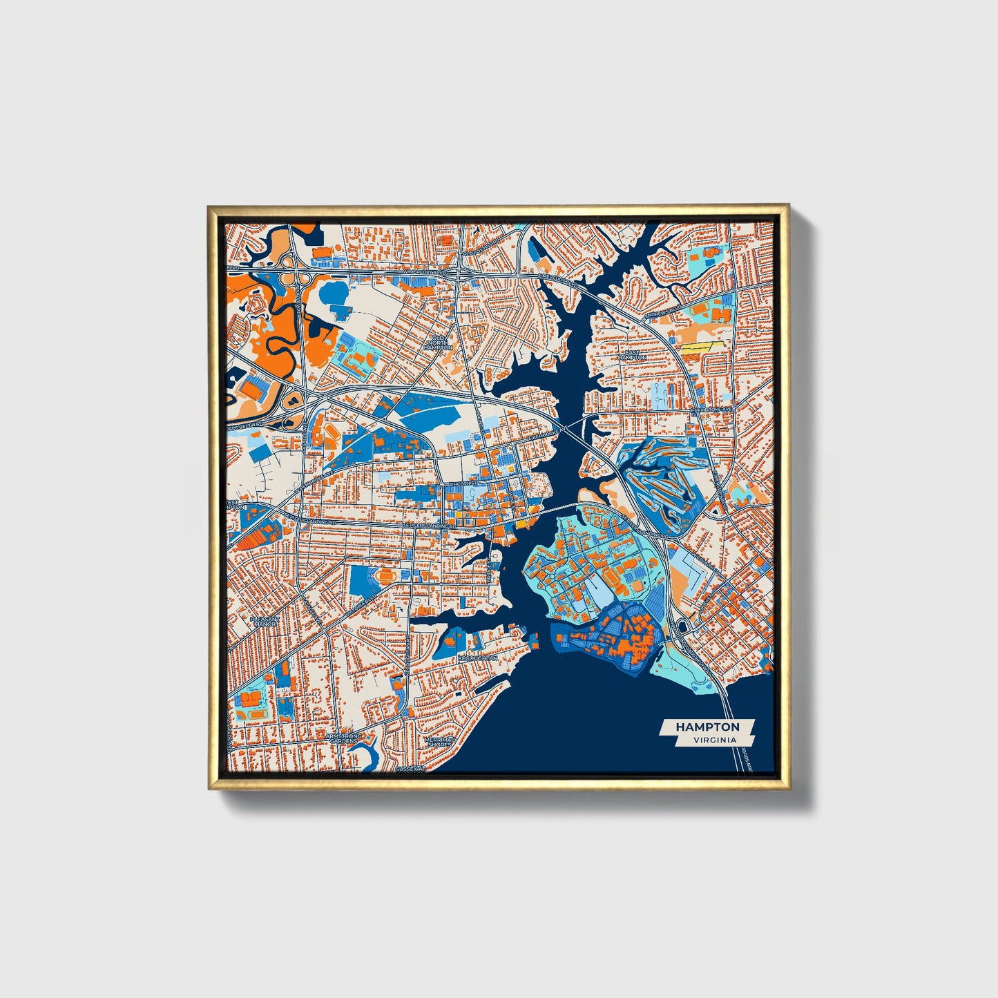 Hampton Virginia Colorful City Map Canvas Print • Gold Framed