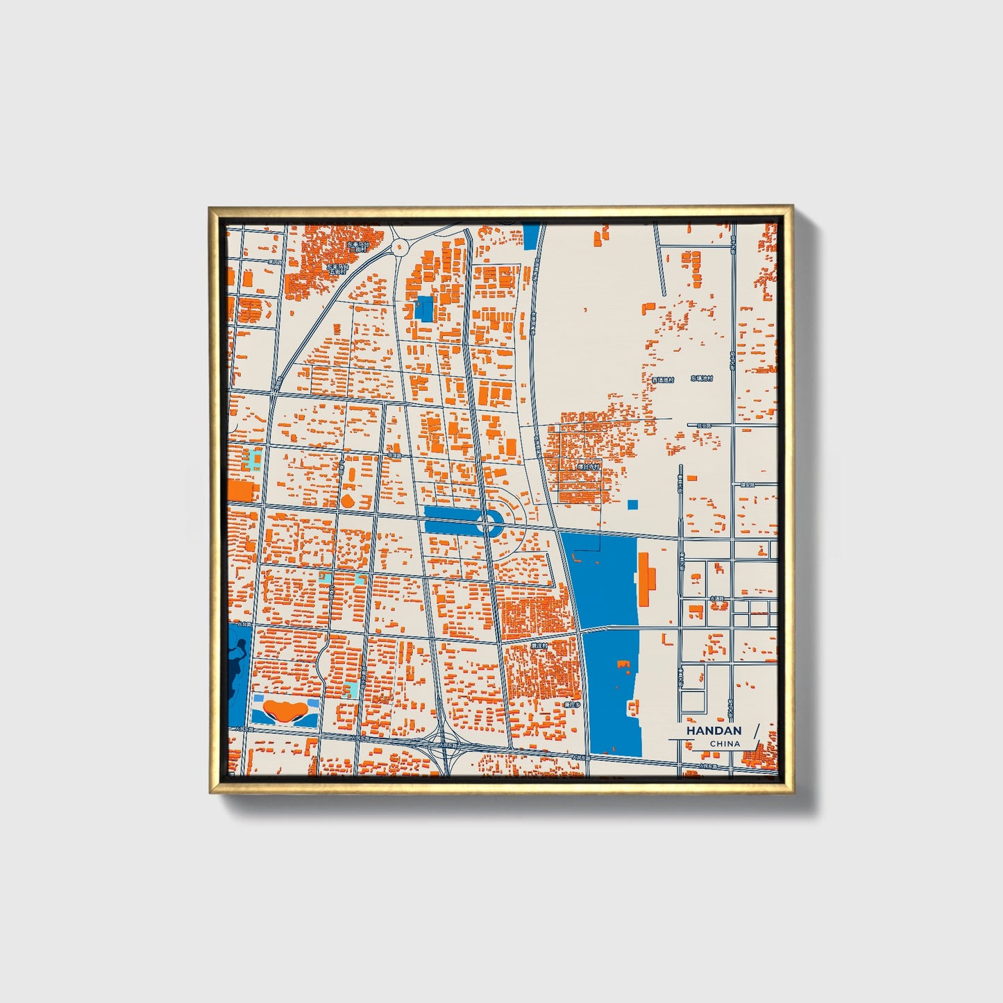 Handan China Colorful City Map Canvas Print • Gold Framed