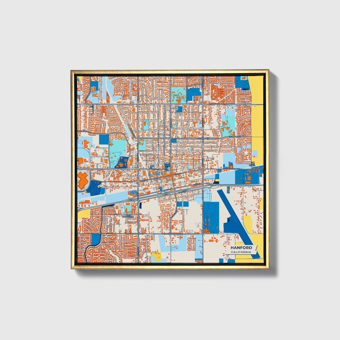 Hanford California Colorful City Map Canvas Print • Gold Framed
