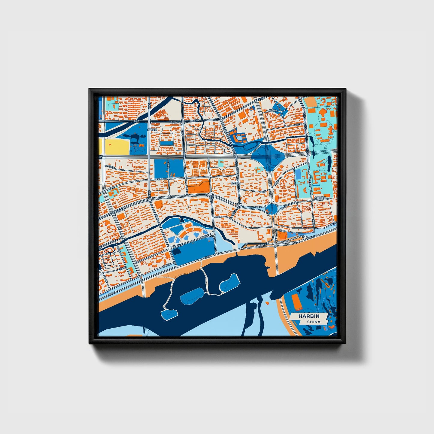 Harbin China Colorful City Map Canvas Print • Black Framed