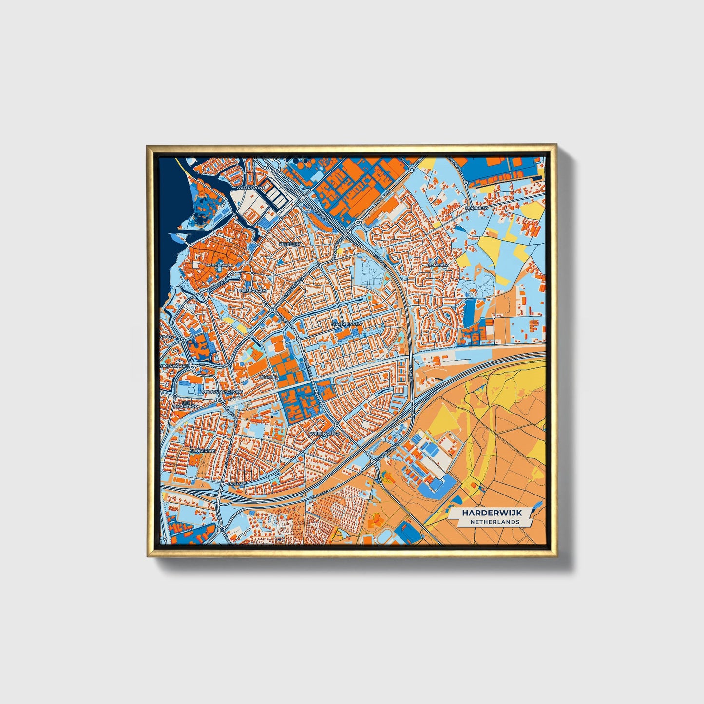 Harderwijk Netherlands Colorful City Map Canvas Print • Gold Framed