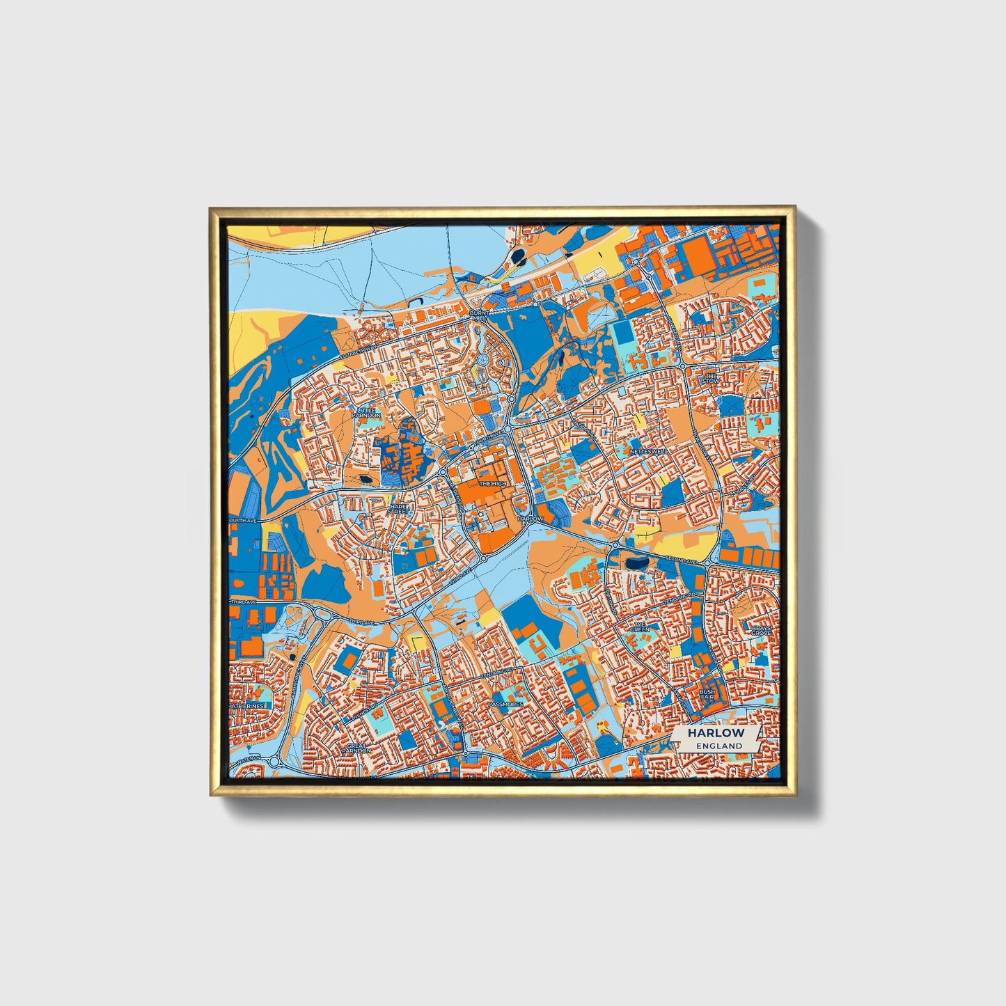 Harlow England Colorful City Map Canvas Print • Gold Framed