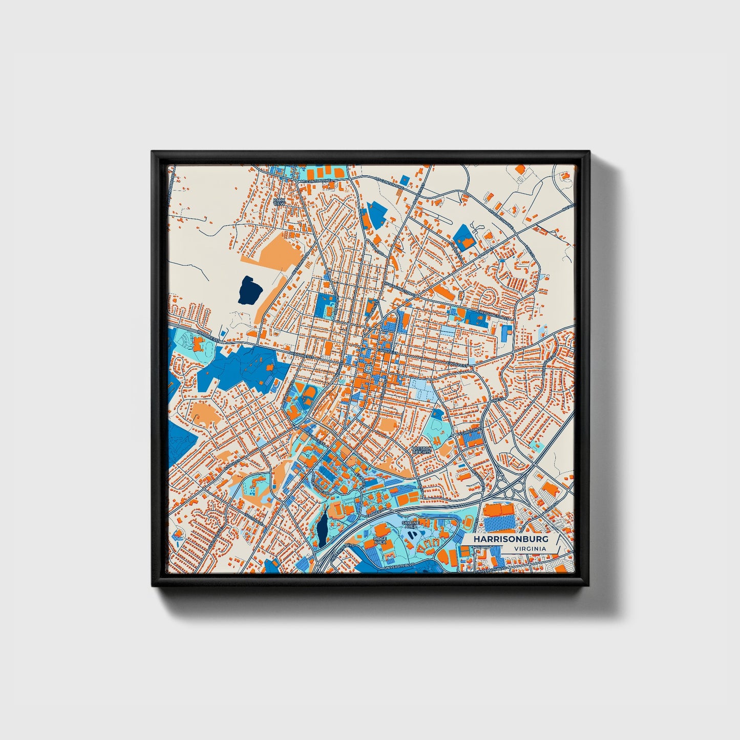 Harrisonburg Virginia Colorful City Map Canvas Print • Black Framed