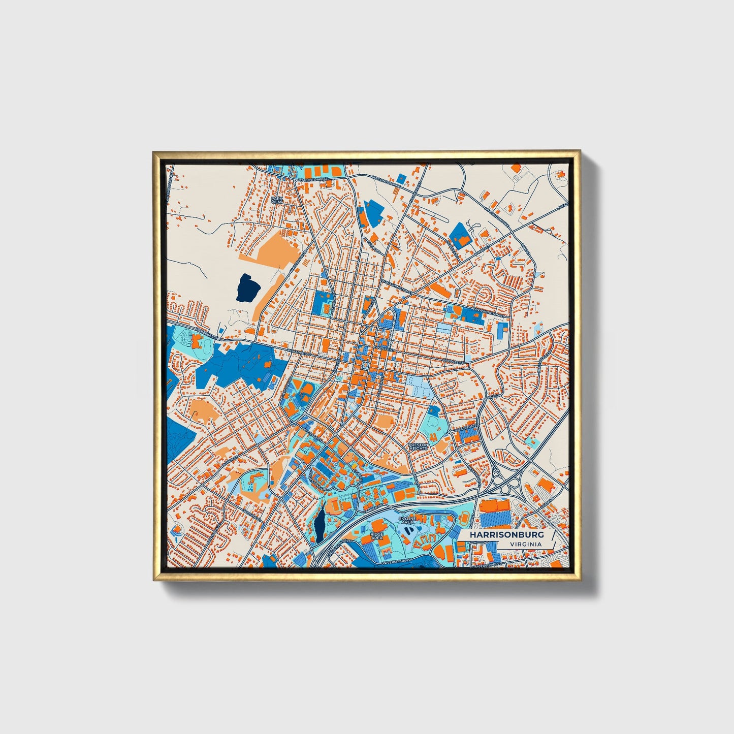 Harrisonburg Virginia Colorful City Map Canvas Print • Gold Framed