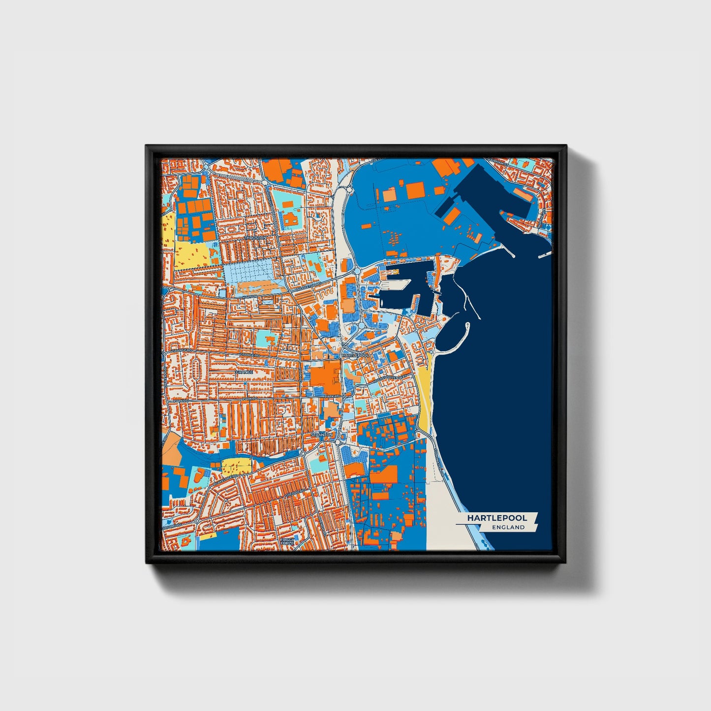 Hartlepool England Colorful City Map Canvas Print • Black Framed