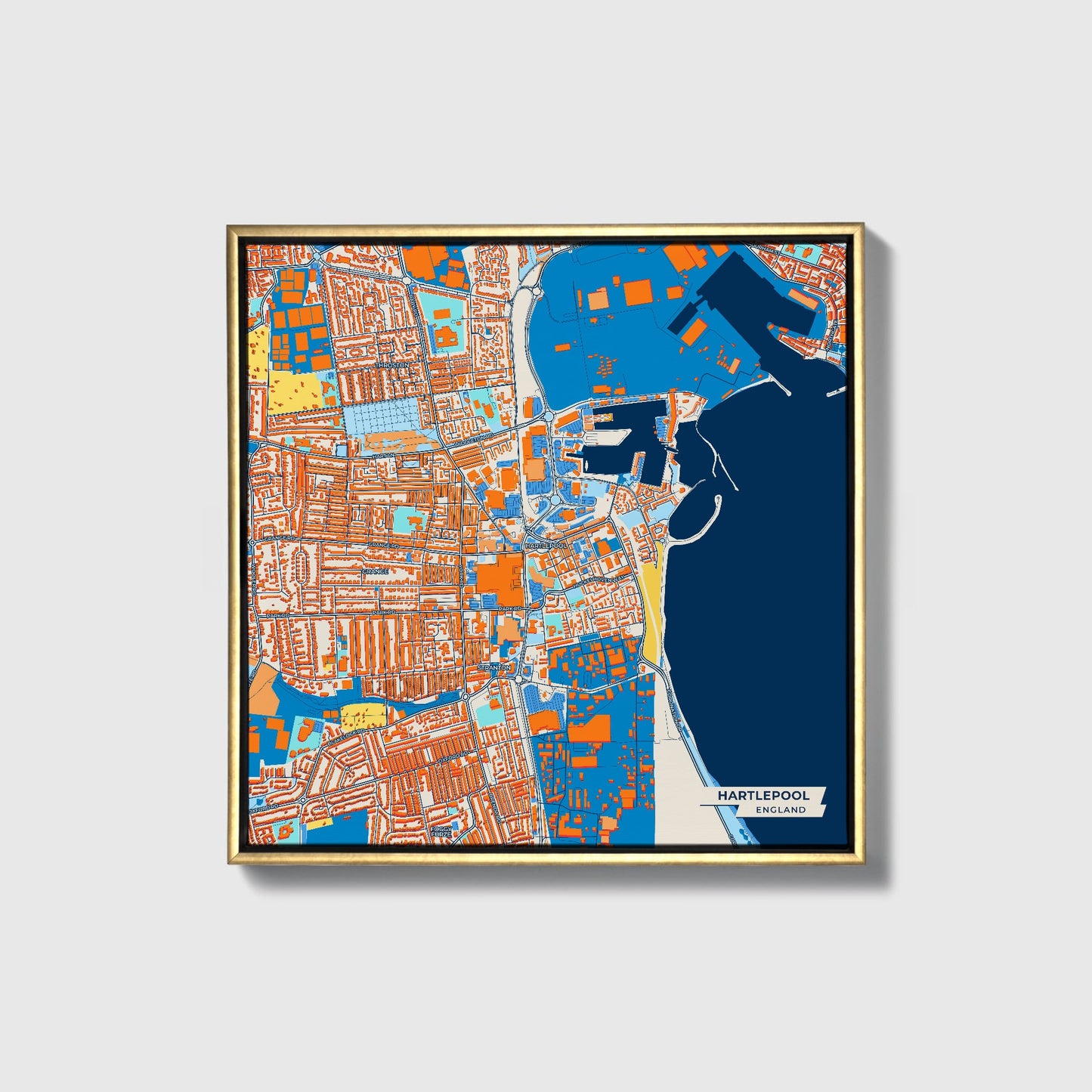 Hartlepool England Colorful City Map Canvas Print • Gold Framed