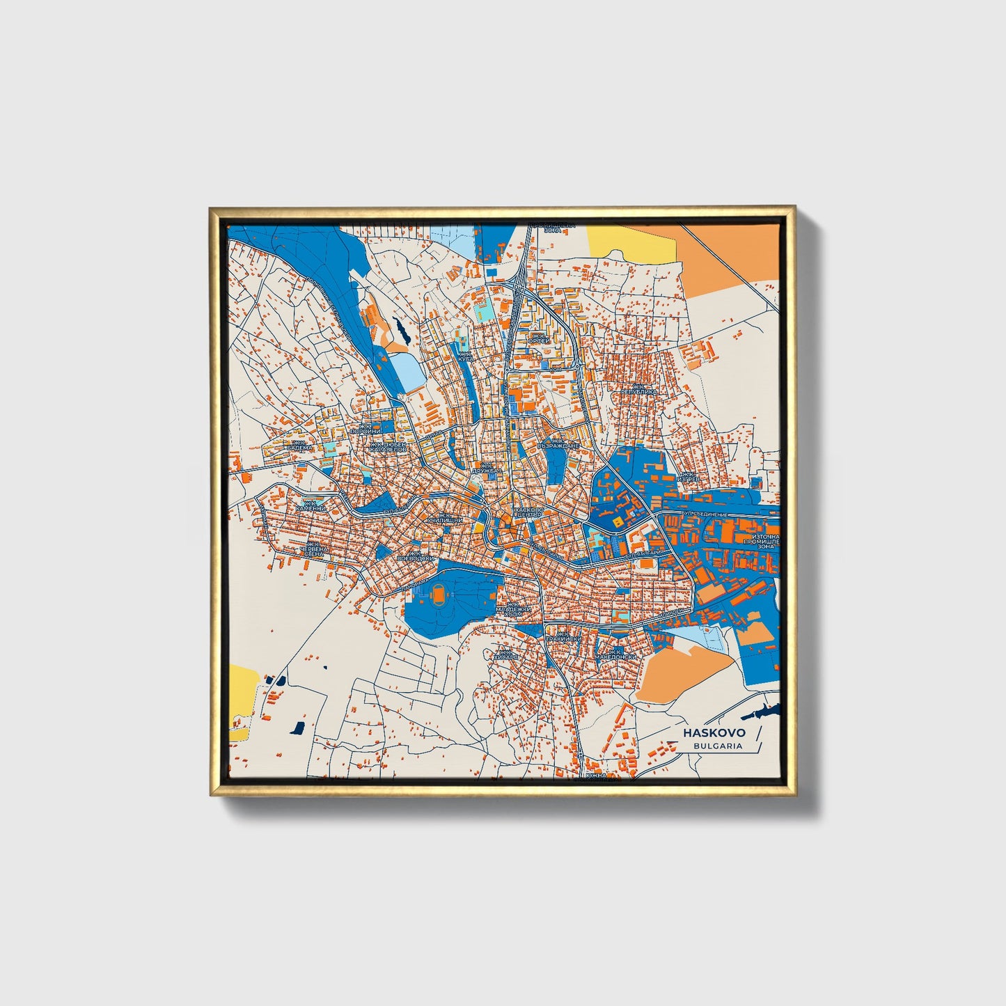 Хасково Bulgaria Colorful City Map Canvas Print • Gold Framed