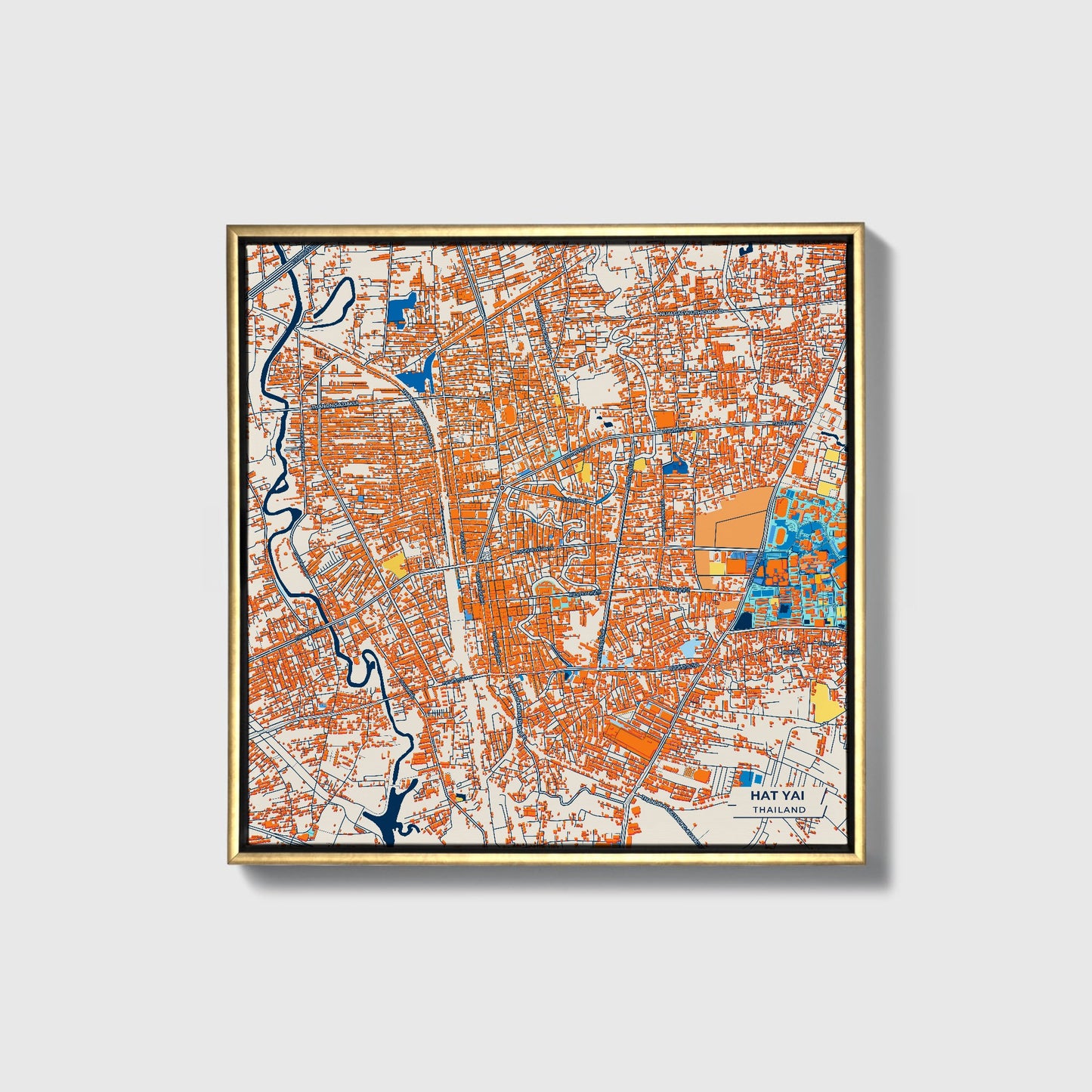 Hat Yai Thailand Colorful City Map Canvas Print • Gold Framed