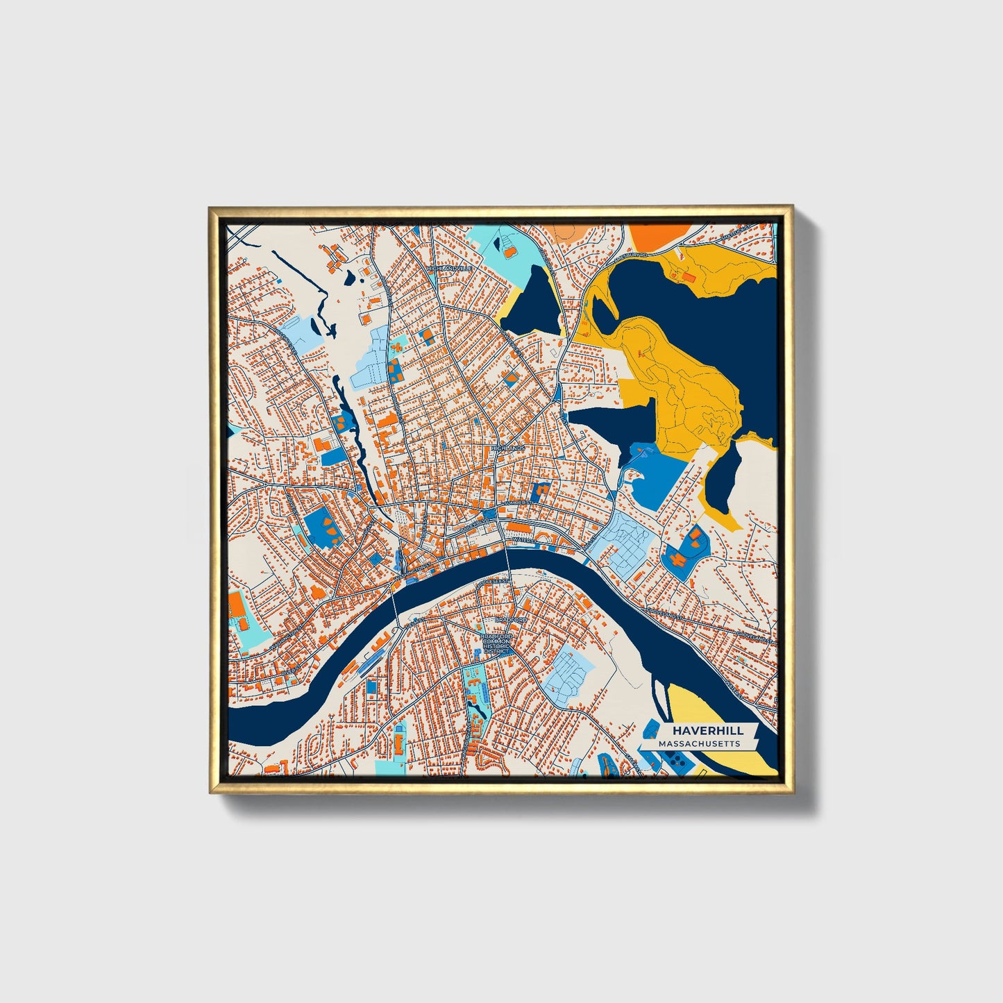 Haverhill Massachusetts Colorful City Map Canvas Print • Gold Framed
