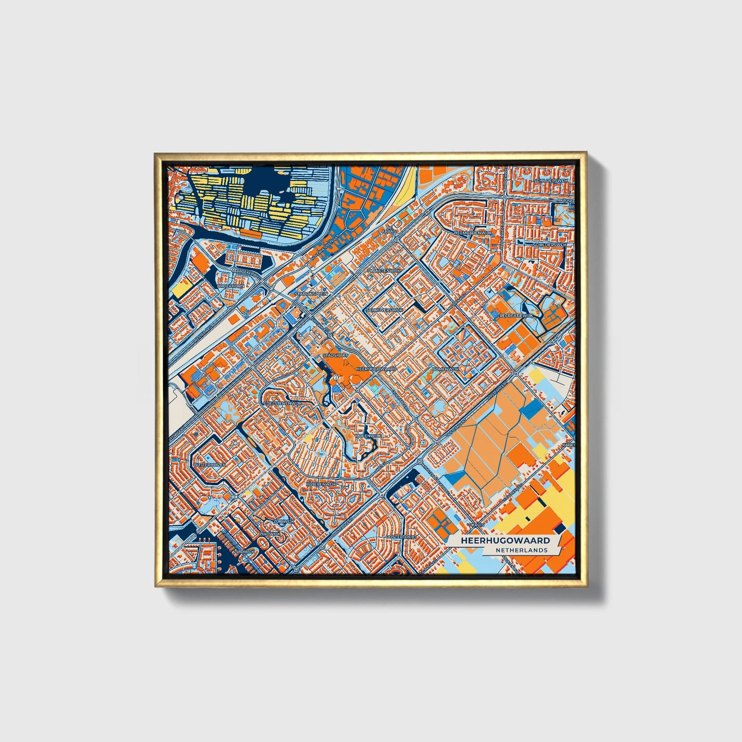 Heerhugowaard Netherlands Colorful City Map Canvas Print • Gold Framed