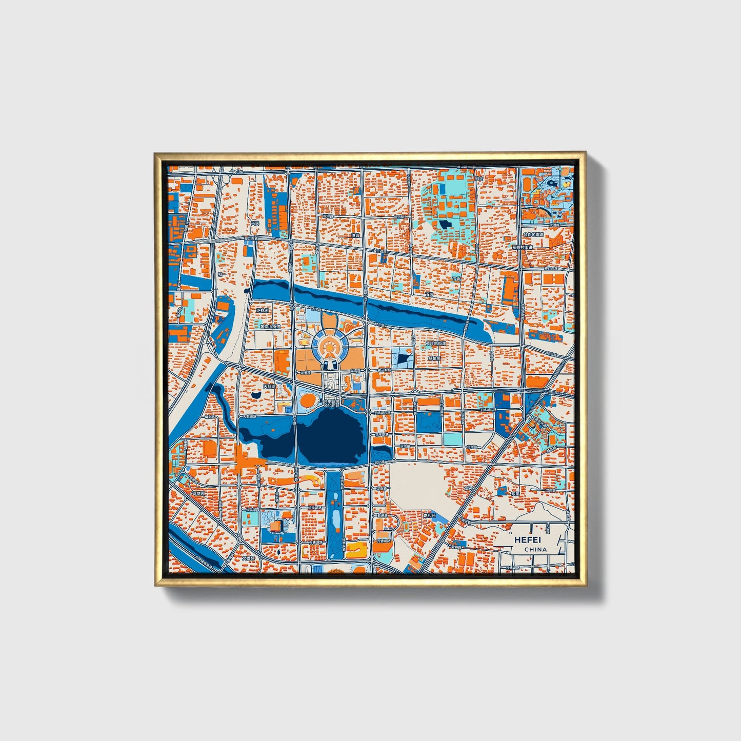 Hefei China Colorful City Map Canvas Print • Gold Framed