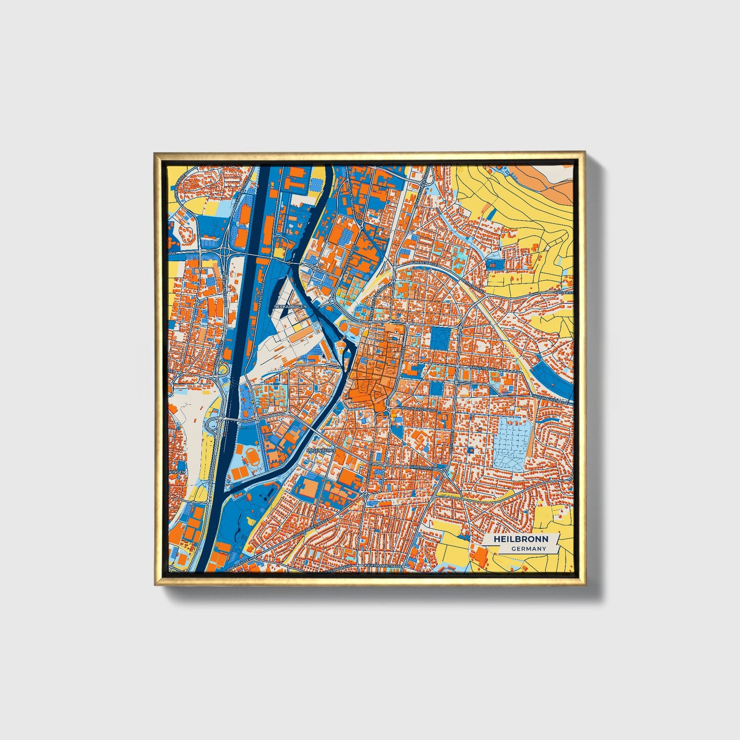 Heilbronn Germany Colorful City Map Canvas Print • Gold Framed
