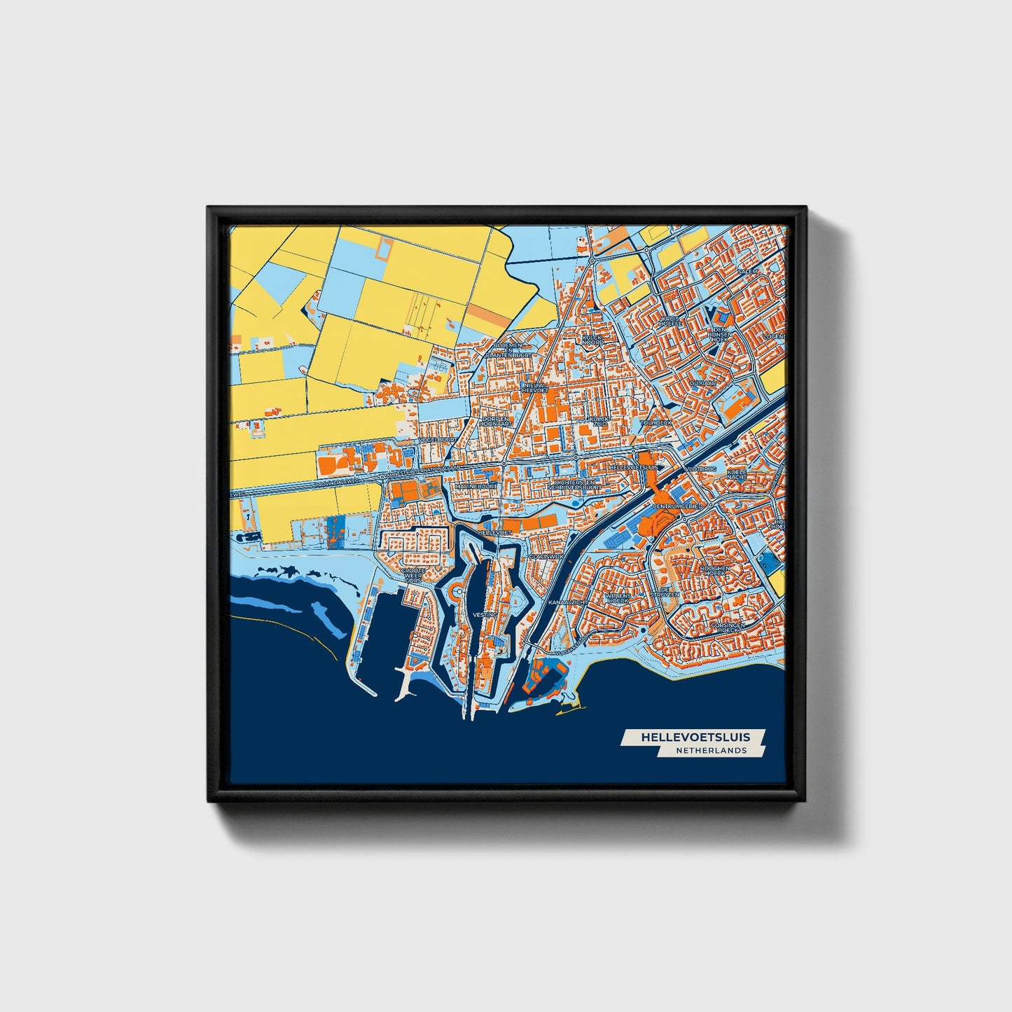 Hellevoetsluis Netherlands Colorful City Map Canvas Print • Black Framed