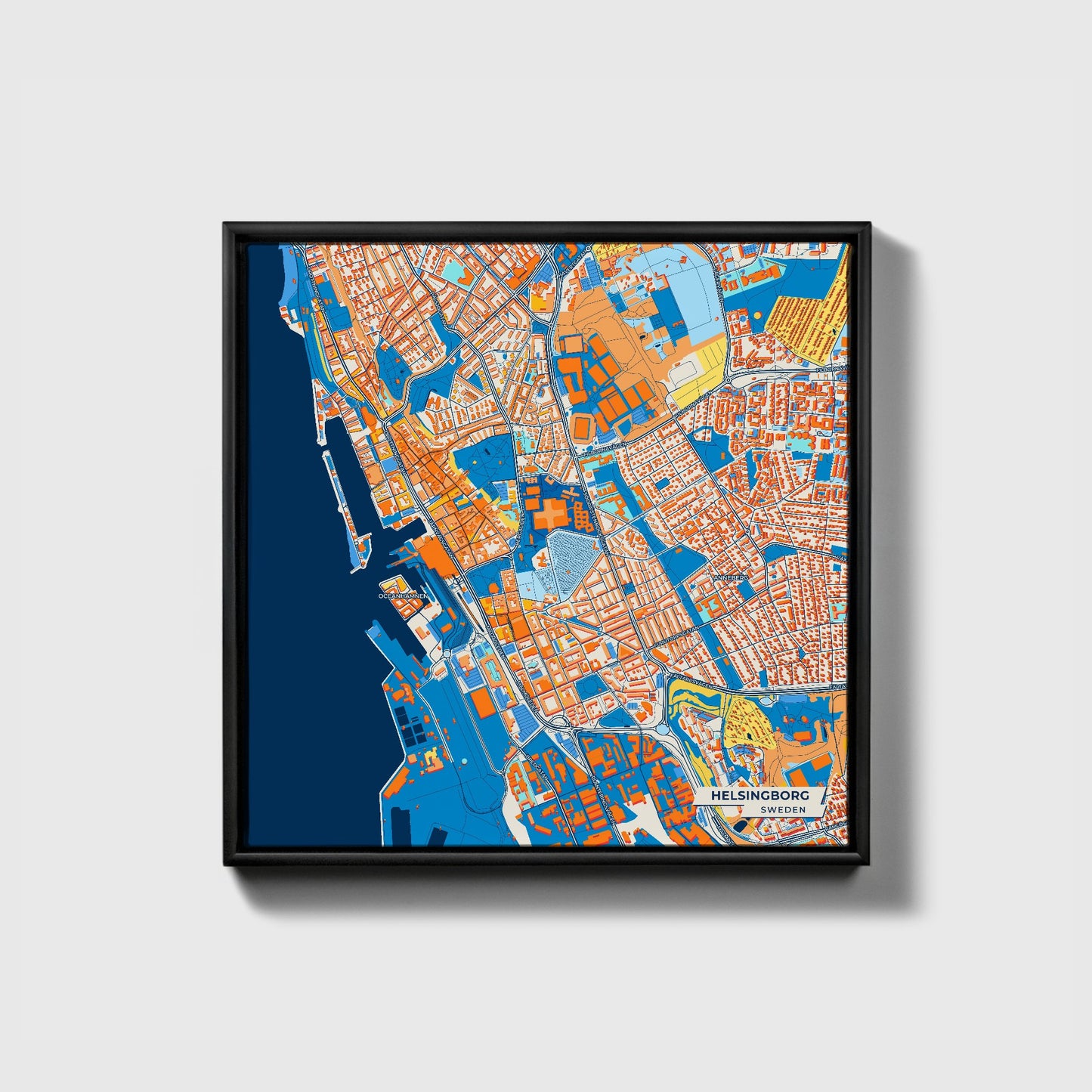 Helsingborg Sweden Colorful City Map Canvas Print • Black Framed