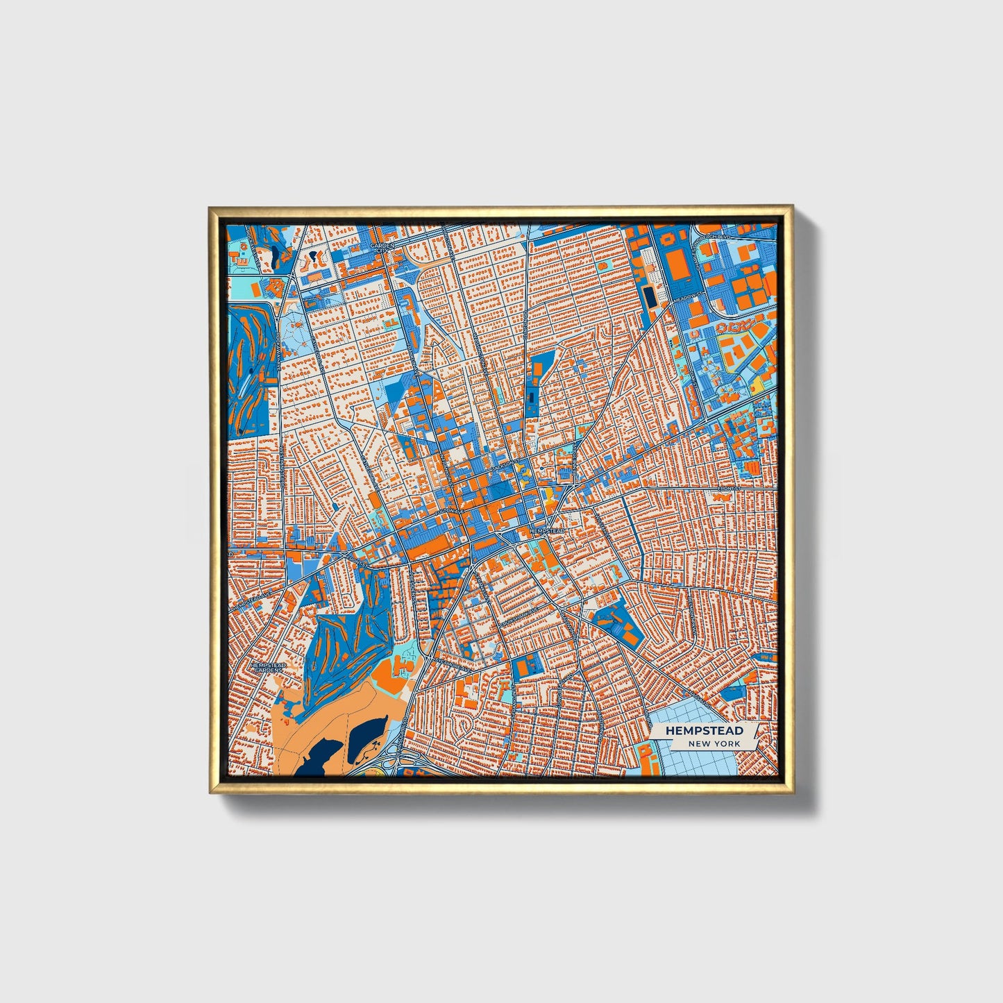 Hempstead New York Colorful City Map Canvas Print • Gold Framed